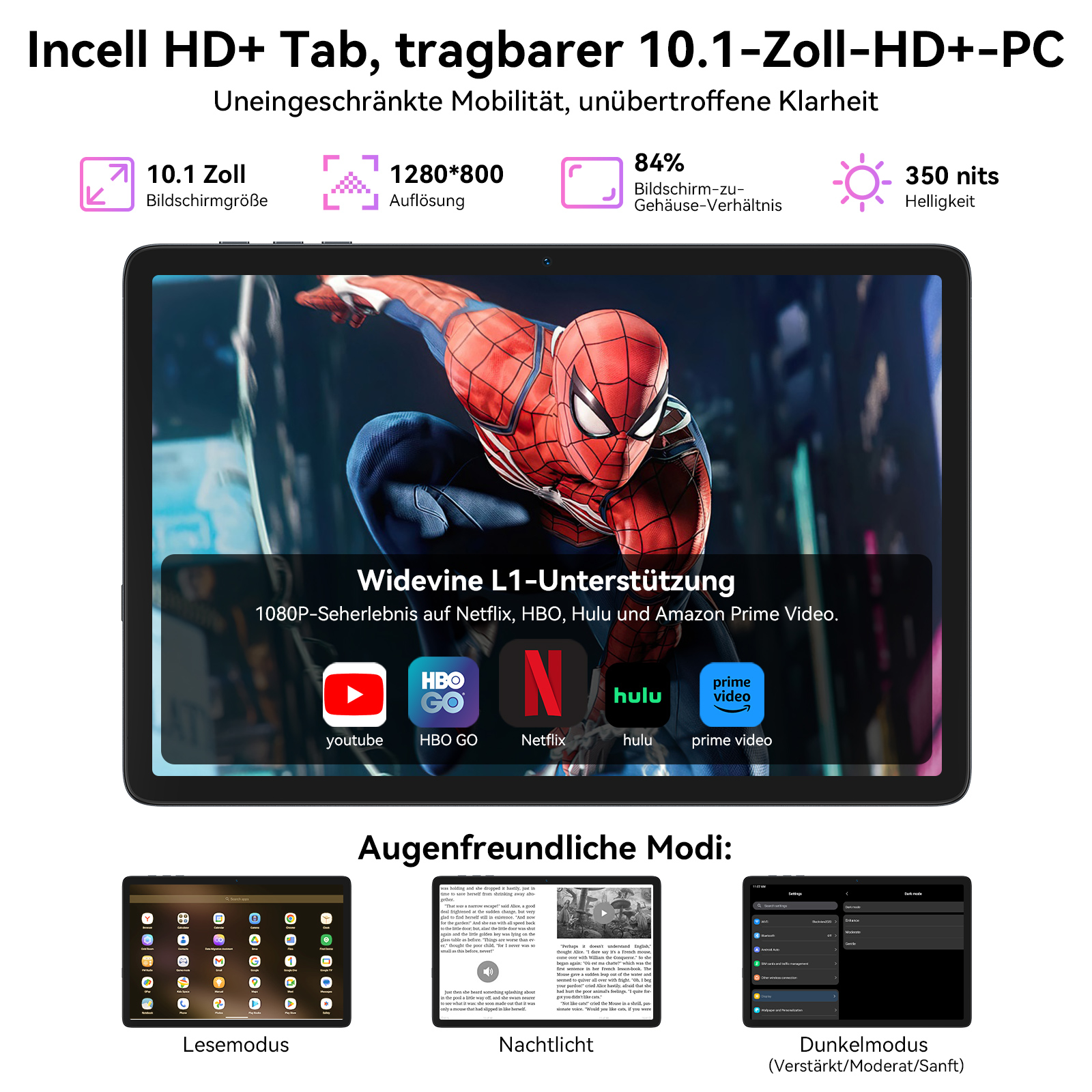 Ein Tablet mit Spider-Man auf dem Bildschirm, das Streaming-Apps zeigt. Zu den Funktionen gehören Bildschirmgröße, Auflösung und Helligkeit.