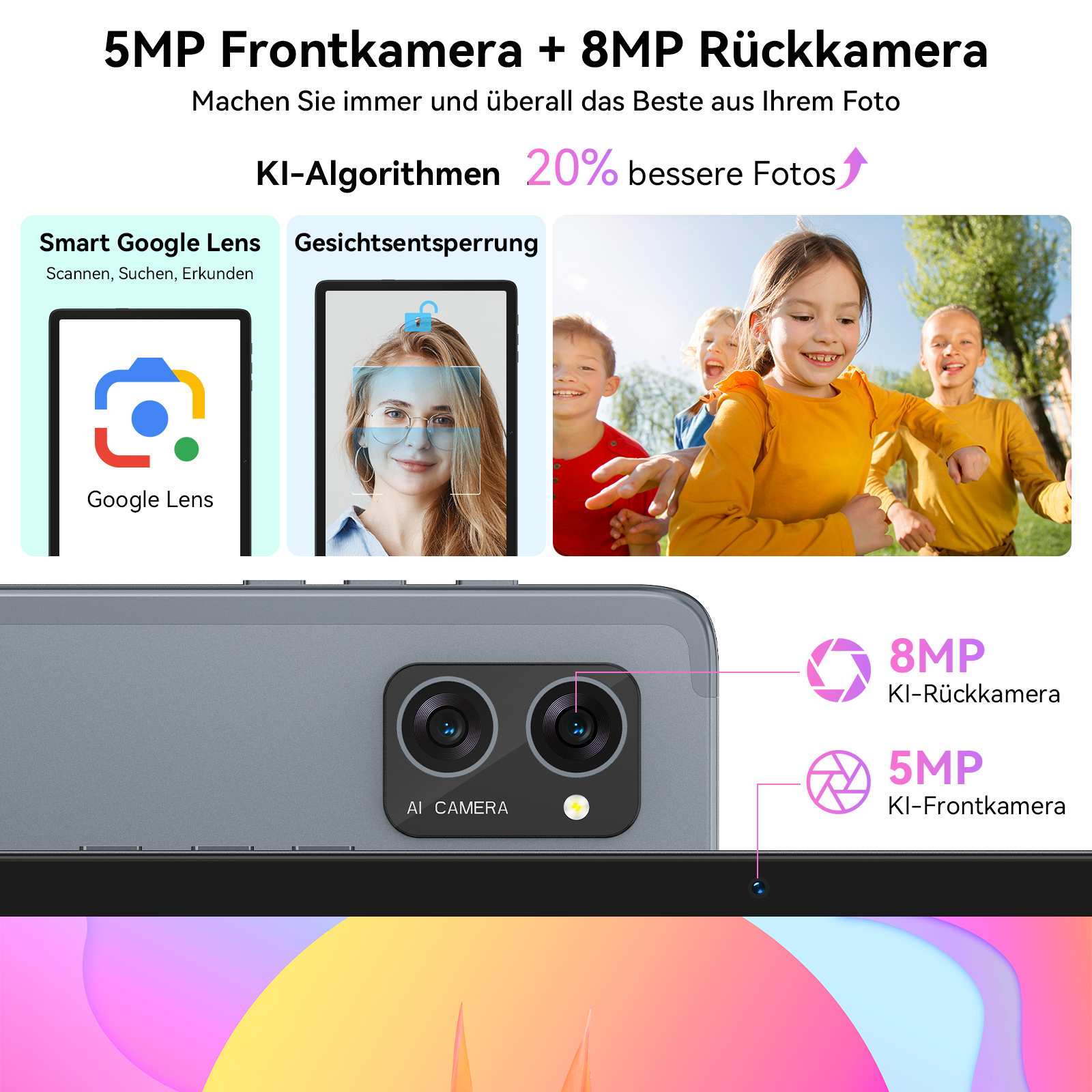 Das Bild zeigt ein Tablet mit Funktionen wie Google Lens und Gesichtserkennung. Kinder spielen im Hintergrund, und Kameraspezifikationen werden angezeigt.