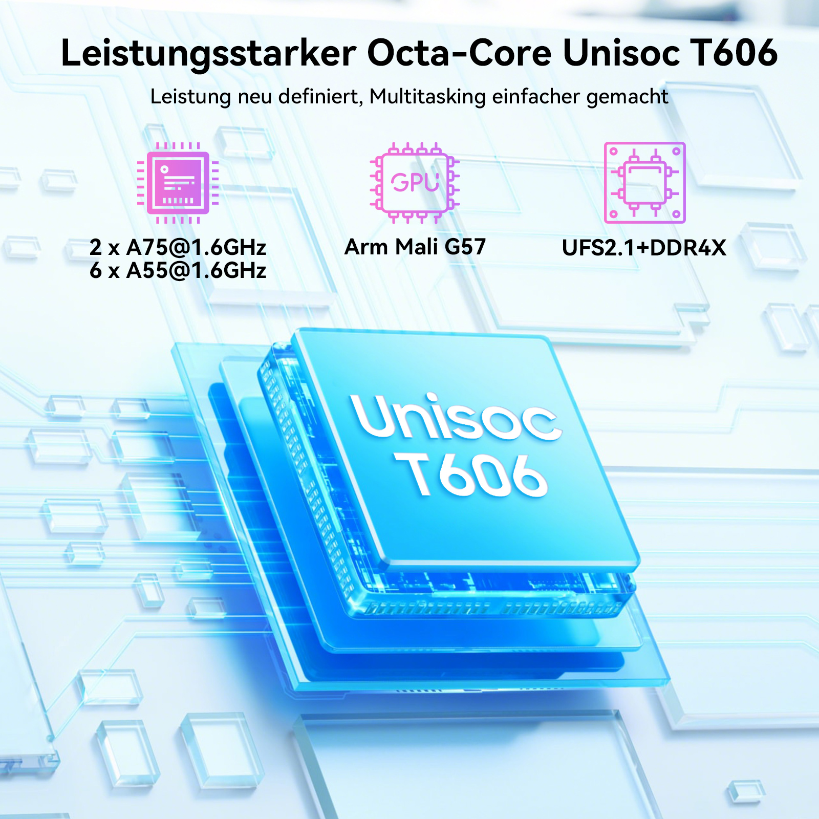 Blaue Grafik mit Text über die Spezifikationen des Unisoc T606-Prozessors. Enthält Diagramme und Beschriftungen.