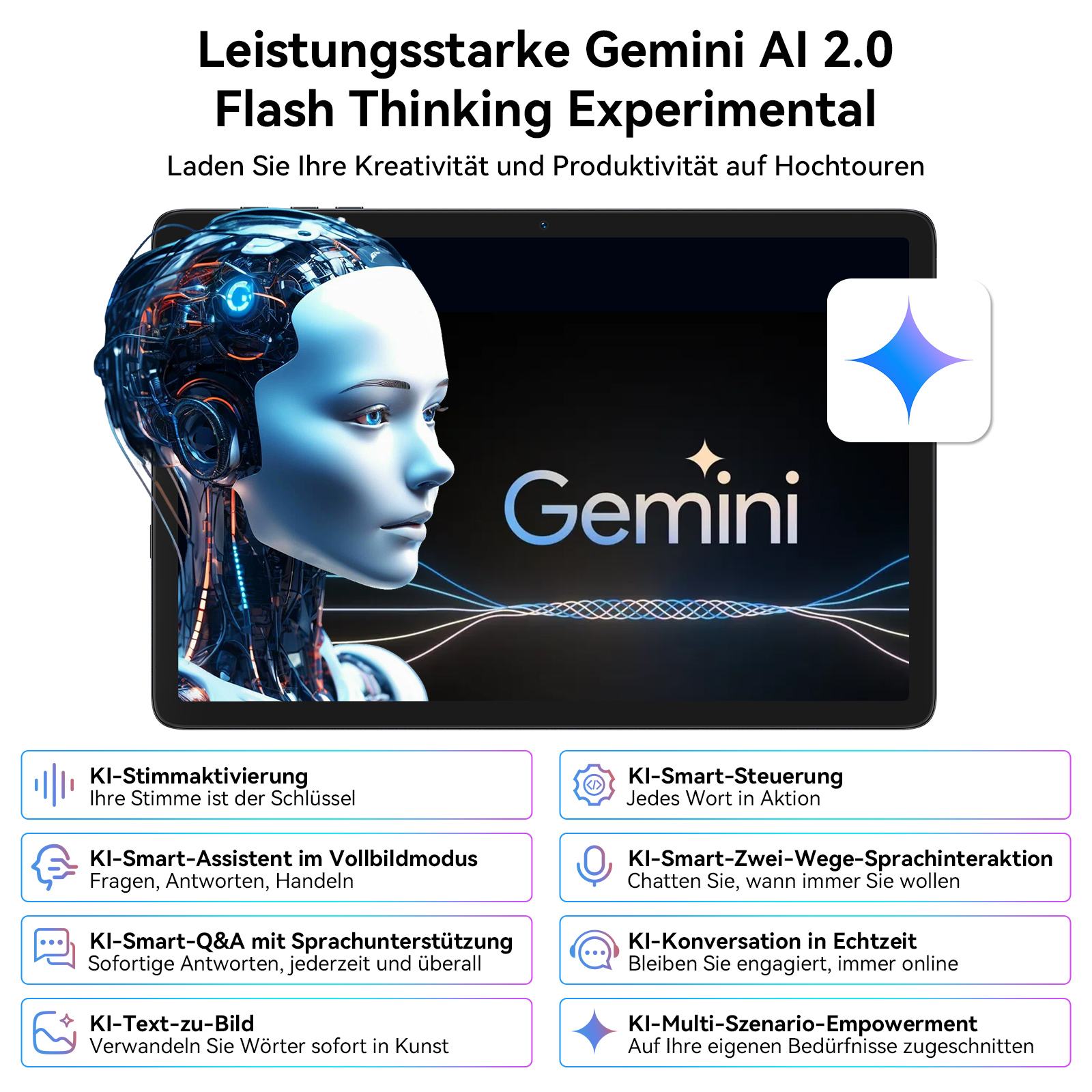 KI-generiertes Frauengesicht auf einem Bildschirm. Text: Gemini AI 2.0, Flash Thinking, und verschiedene KI-Funktionen.