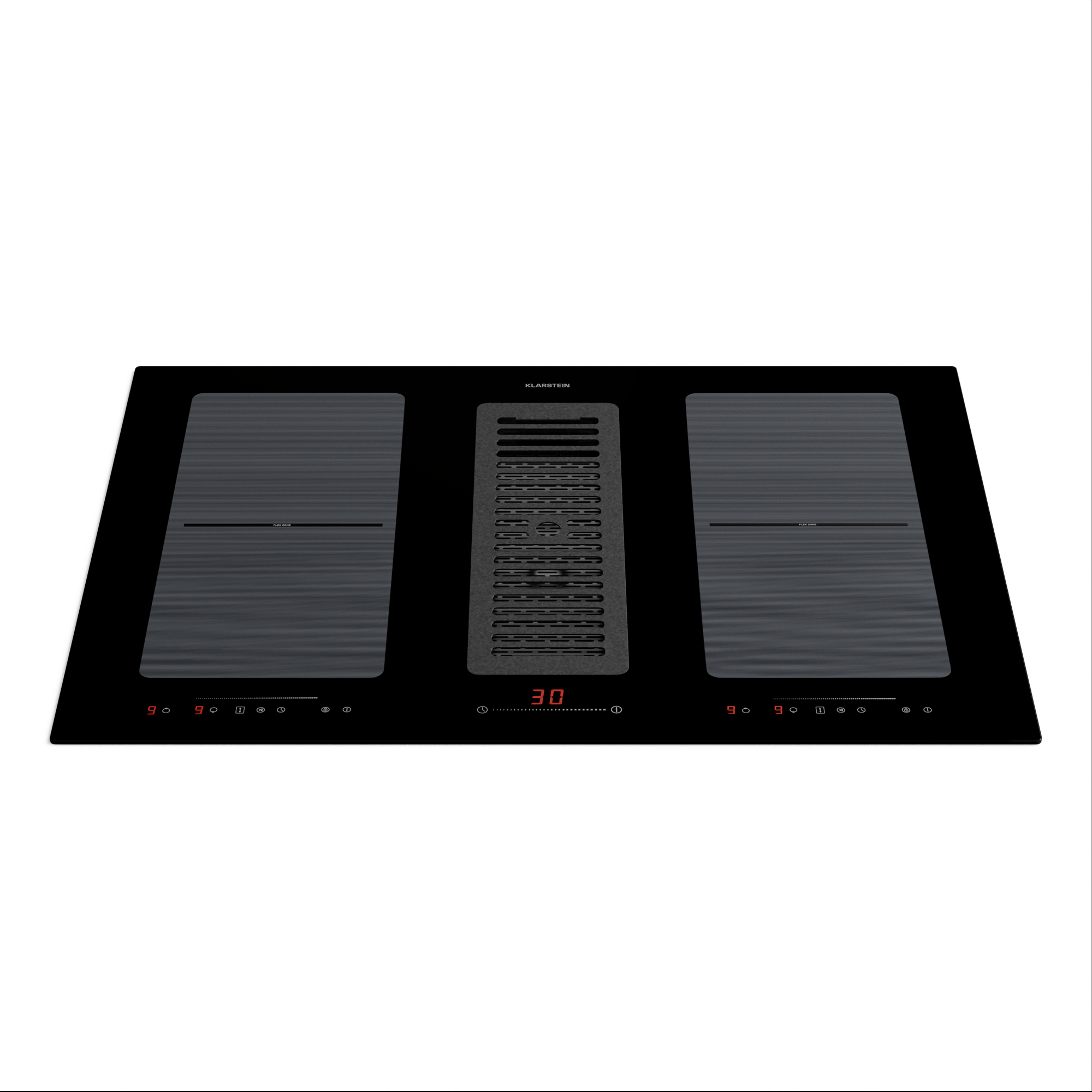 Un piano cottura a induzione nero con cappa integrata. Ha due zone cottura e un pannello di controllo con display digitale.