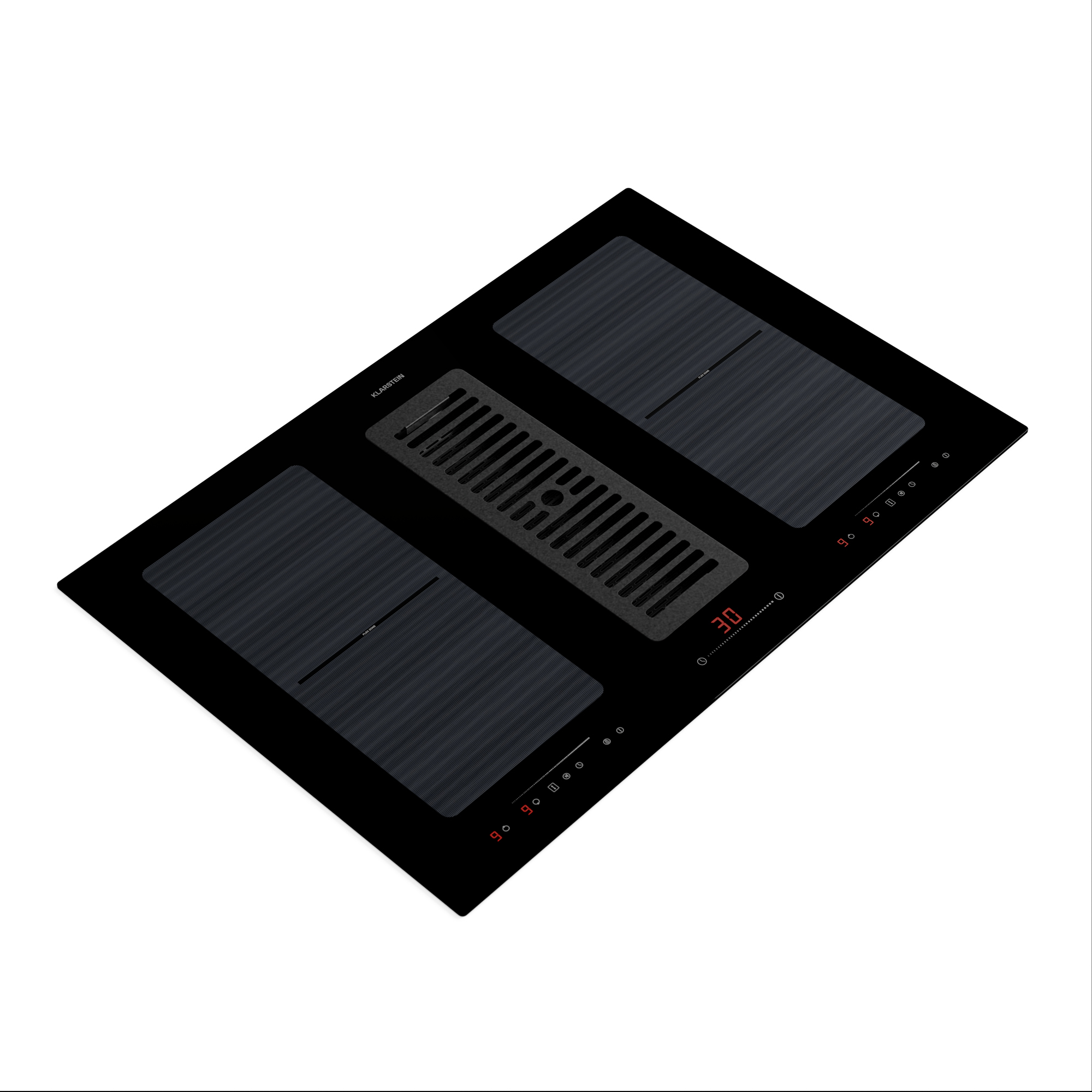 Piano cottura a induzione nero con tre zone cottura e display digitale '30'. Controlli visibili.