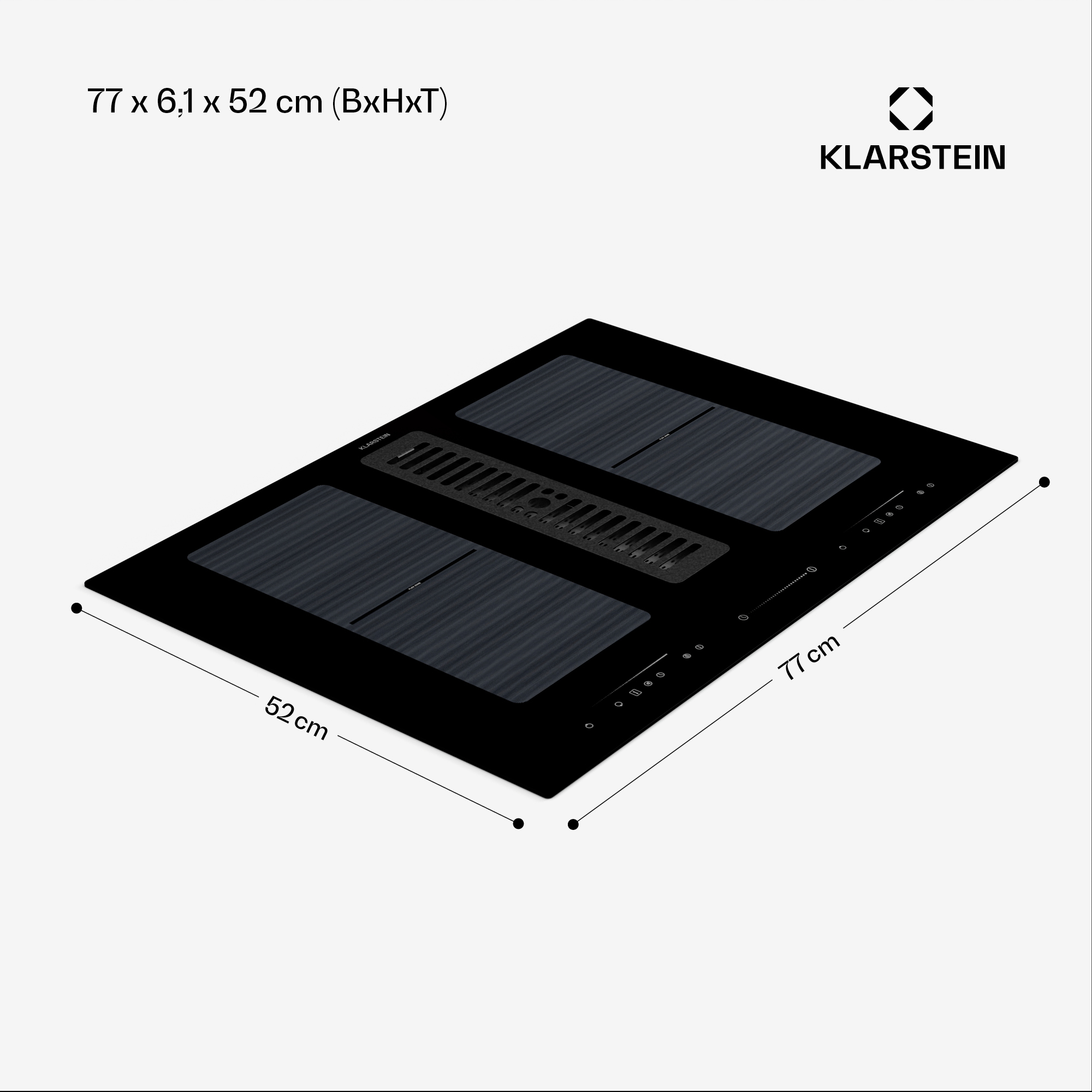 Un piano cottura a induzione nero Klarstein con dimensioni. Ha tre zone cottura, un sistema di ventilazione centrale e comandi touch.