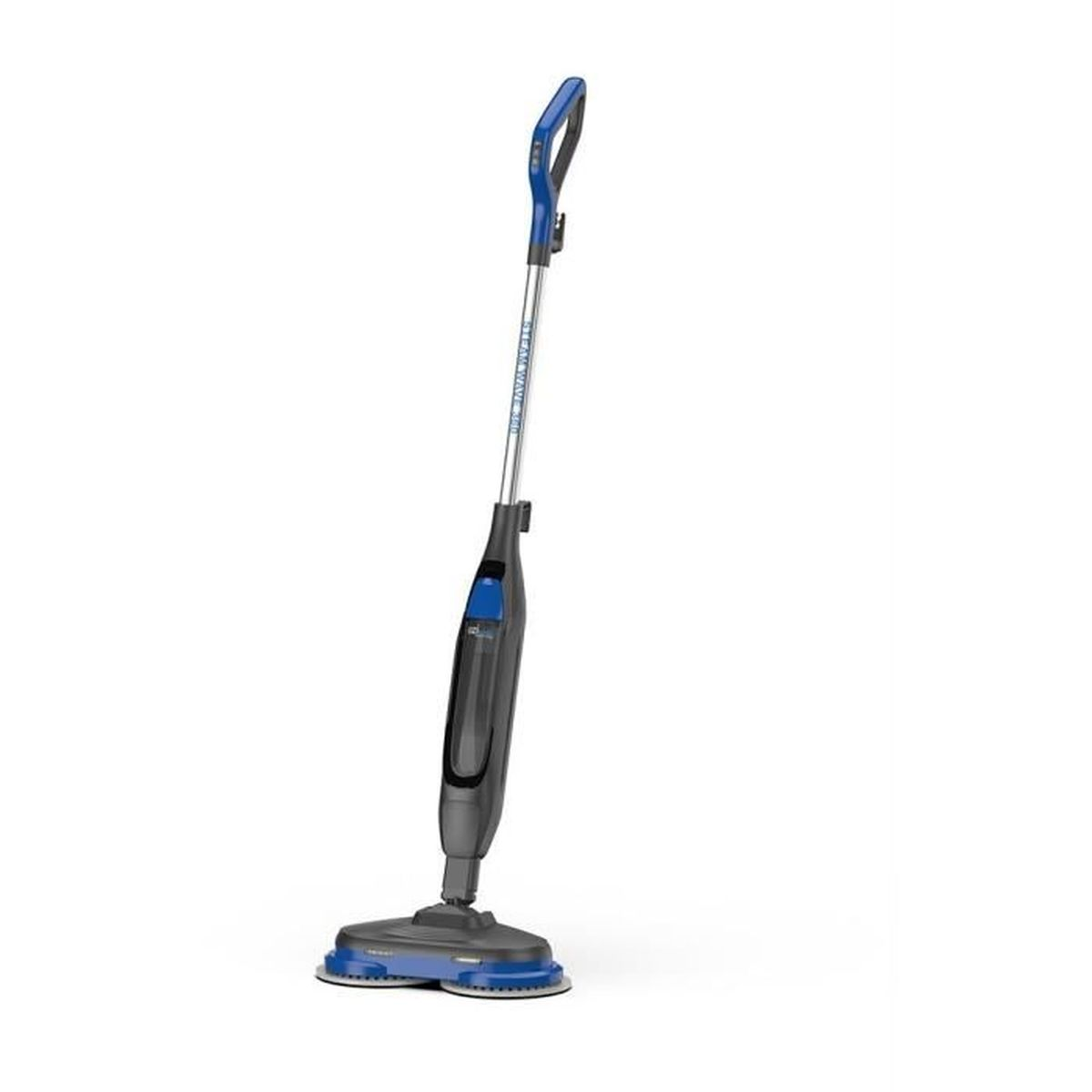 Ein blau-grauer Dampfmopp steht vor einem weißen Hintergrund. Der Mopp hat einen Griff, einen Zentralkörper und einen Reinigungskopf.