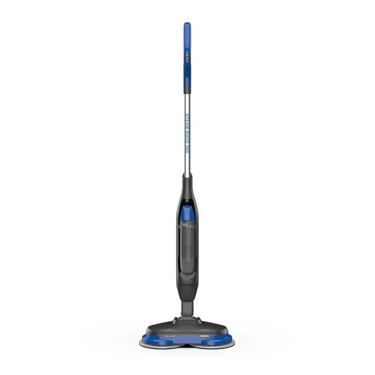 Ein Dampfmopp, schwarz und blau. Er hat einen langen Griff und einen Reinigungskopf mit zwei Pads. Der Markenname steht auf dem Stab.