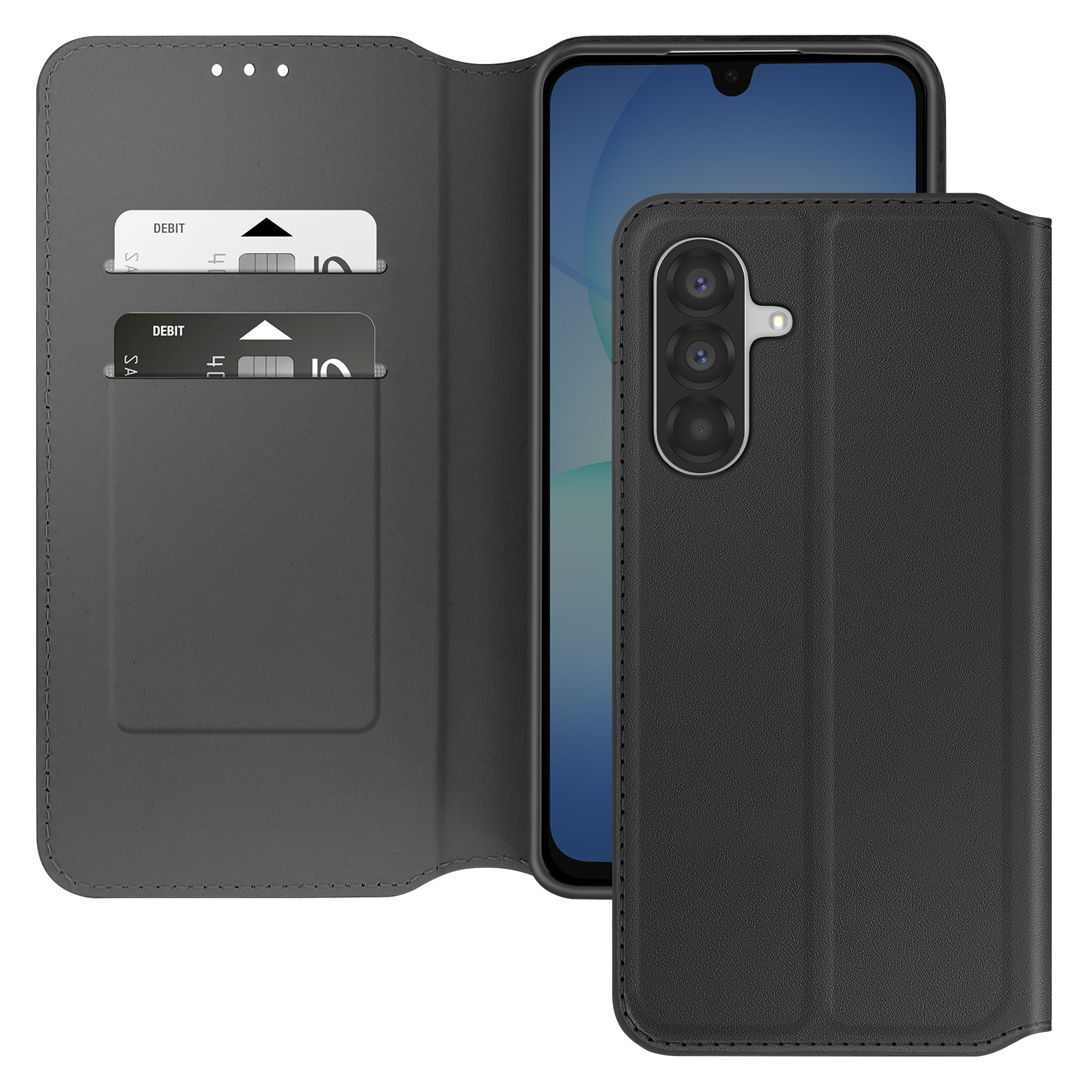 Custodia nera per telefono con telefono all'interno, sono visibili carte di credito. La custodia ha un array di fotocamere e uno schermo.