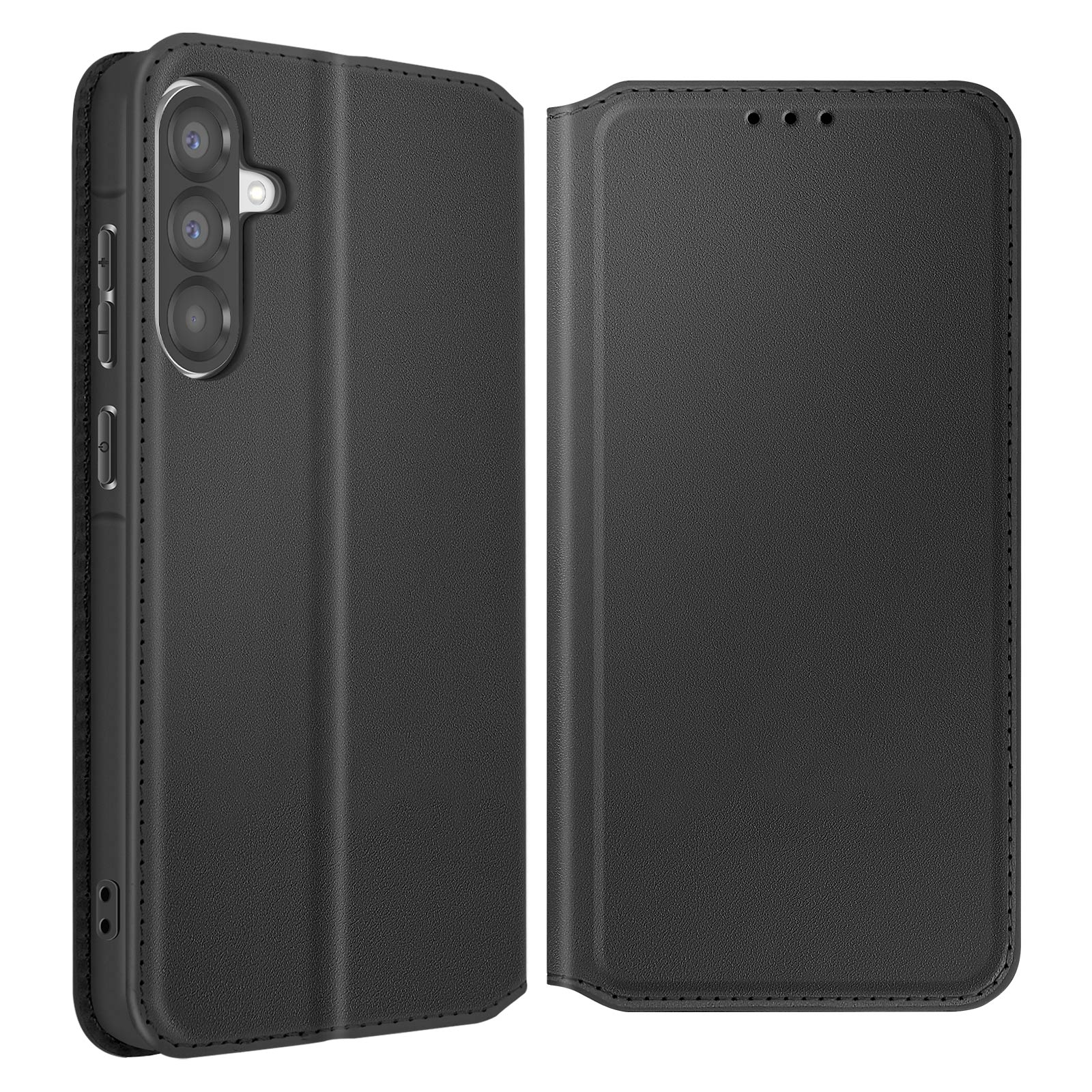 Custodia per telefono nera, aperta per mostrare il telefono. La custodia ha una superficie strutturata con cuciture. Il telefono ha fotocamere.