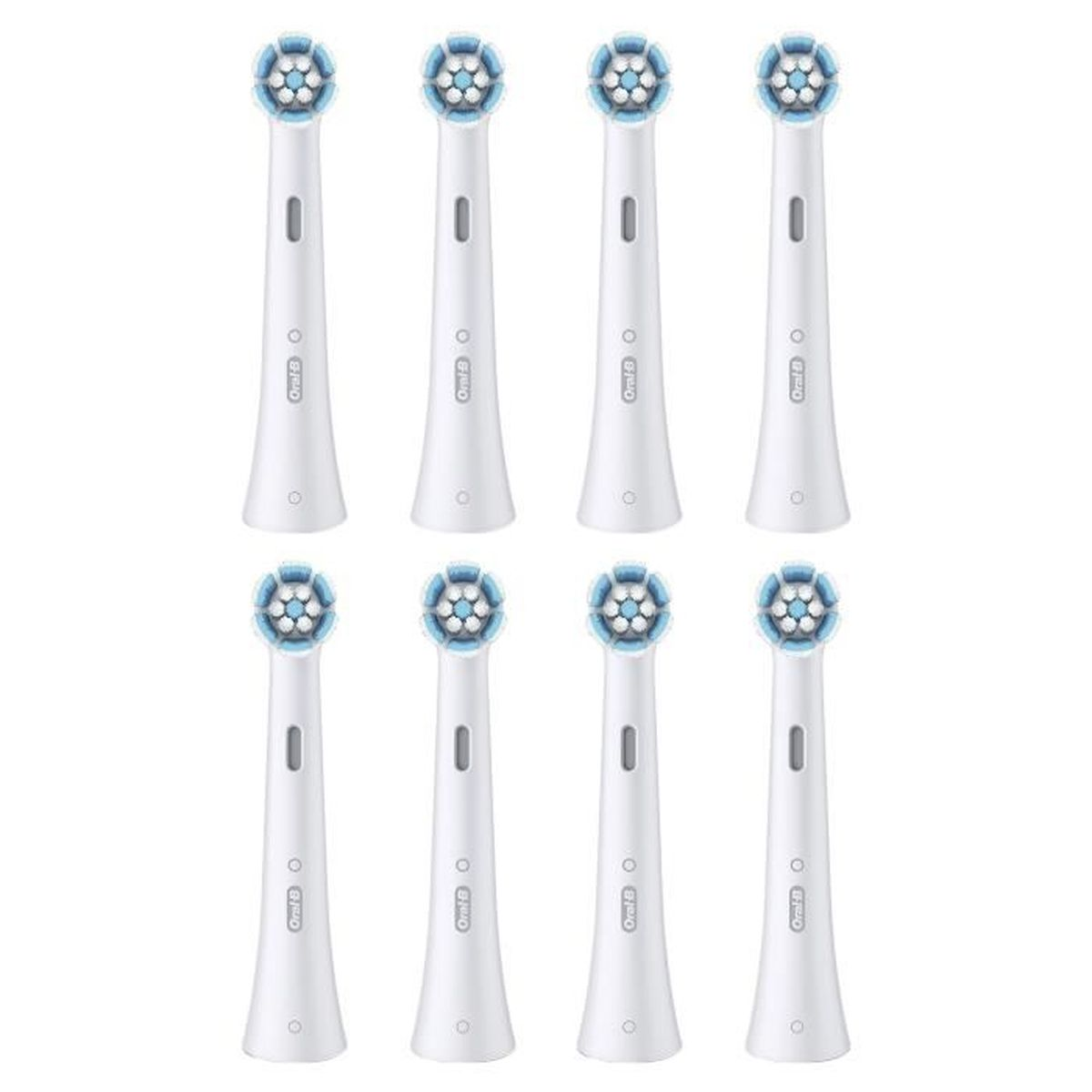 Acht weiße Oral-B Zahnbürstenköpfe. Jeder hat einen blau-weißen Borstenkopf und einen weißen Griff mit dem Logo der Marke.