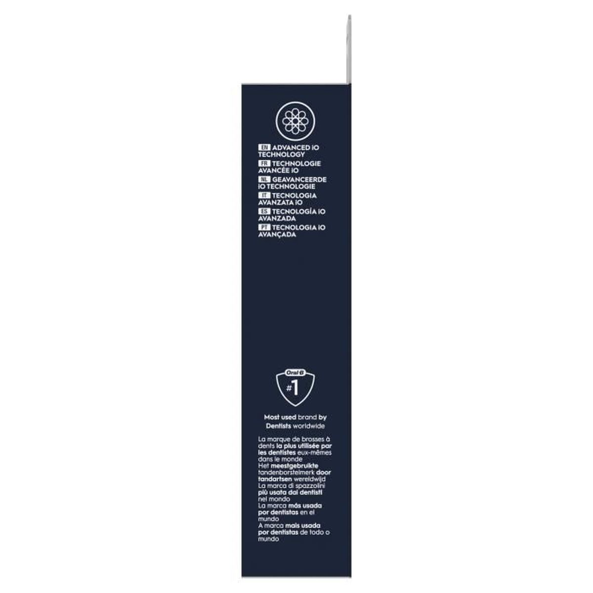 Schwarz-weiße Box mit Text: ADVANCED IO TECHNOLOGY und Oral B Logo, Text in mehreren Sprachen, sagt 'Von Zahnärzten weltweit am häufigsten verwendete Marke'.