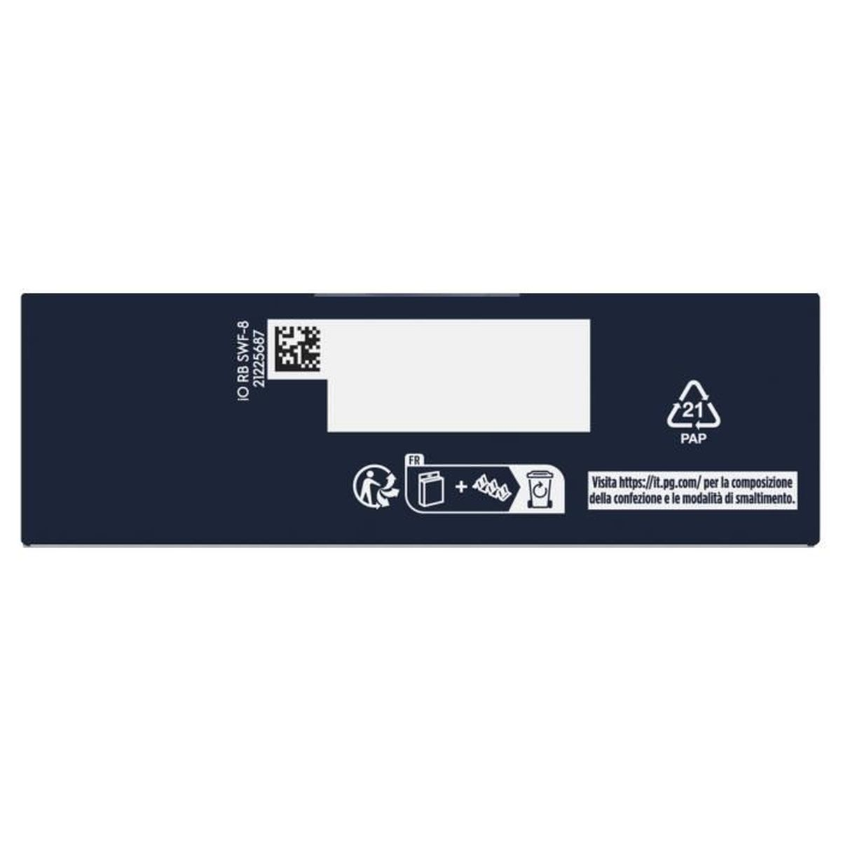 Dunkelblaue Box mit weißen Elementen und Text. Enthält Recycling-Symbole, einen QR-Code und italienischen Text.