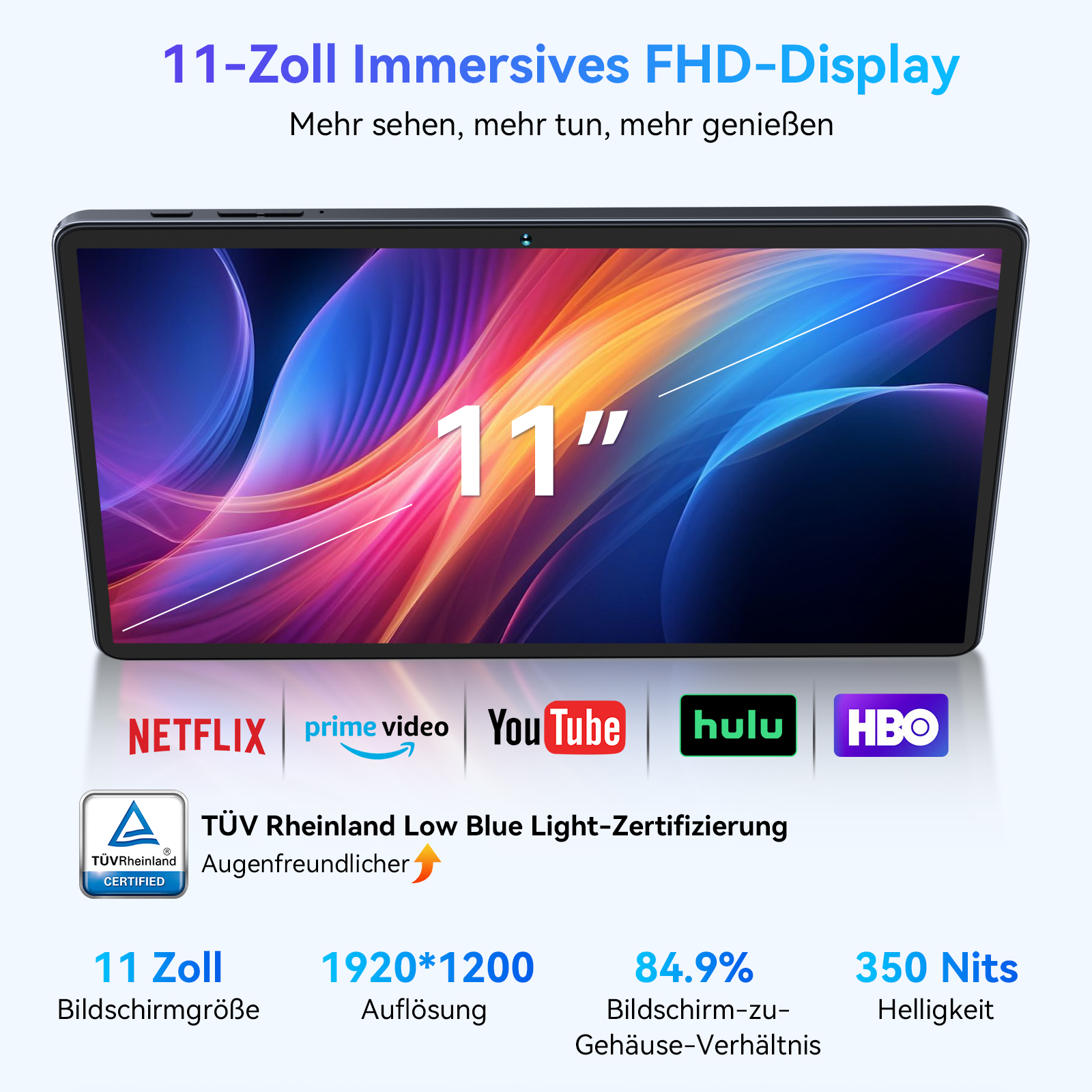 Tablet mit 11-Zoll-Bildschirm, Streaming-Logos und Spezifikationen wie Auflösung und Helligkeit.