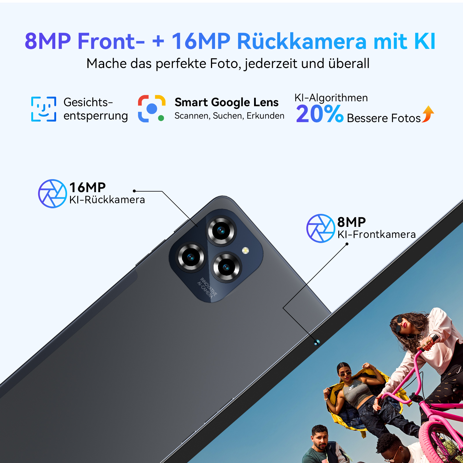 Ein Telefon mit Dreifach-Objektivkamera wird mit Text gezeigt, der Funktionen hervorhebt. Menschen sind im Hintergrund.
