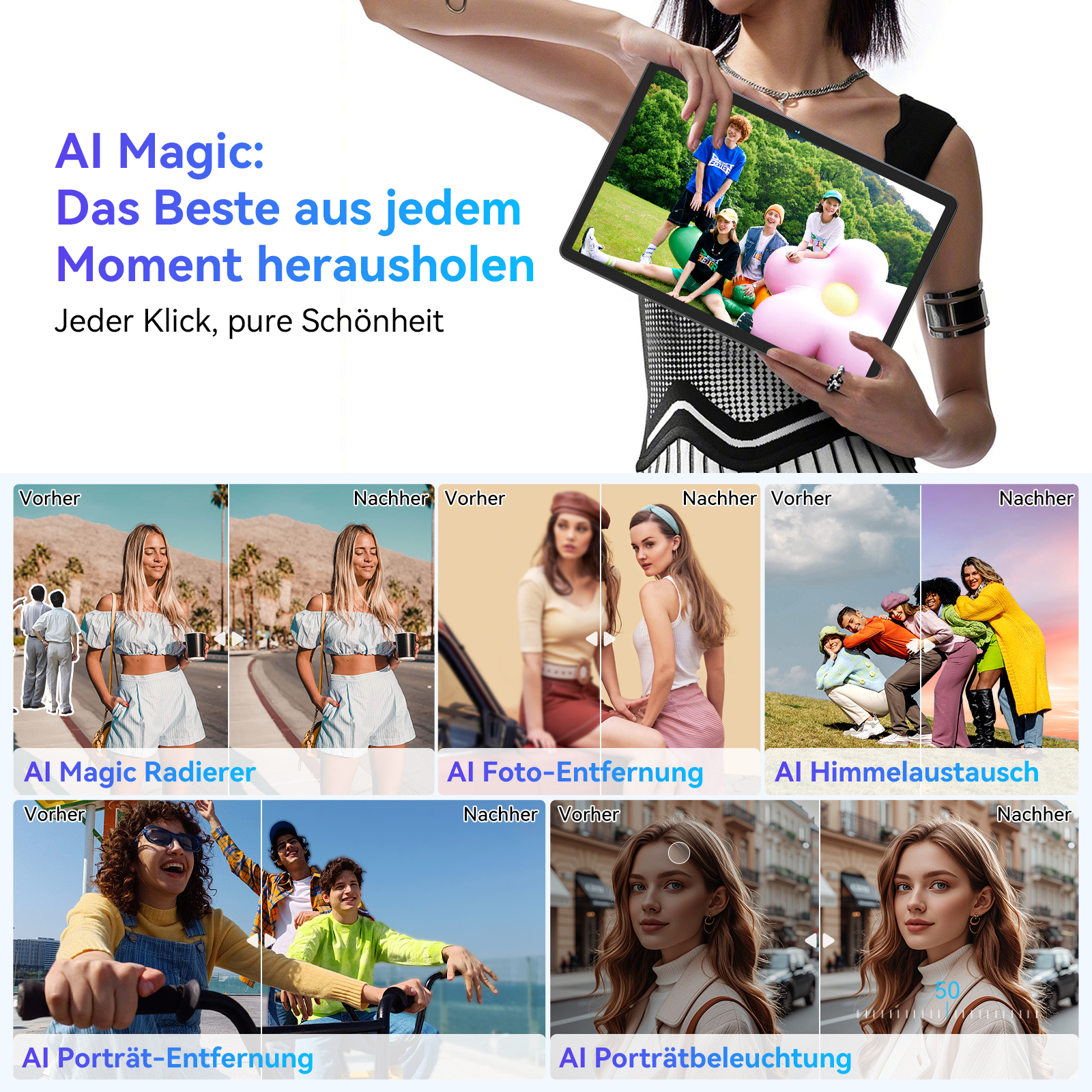 Eine Frau hält ein Tablet, das Menschen auf Gras zeigt. Darunter sind Vorher-/Nachher-Fotos mit Text wie 'AI Magic Radierer' und 'AI Foto-Entfernung'.