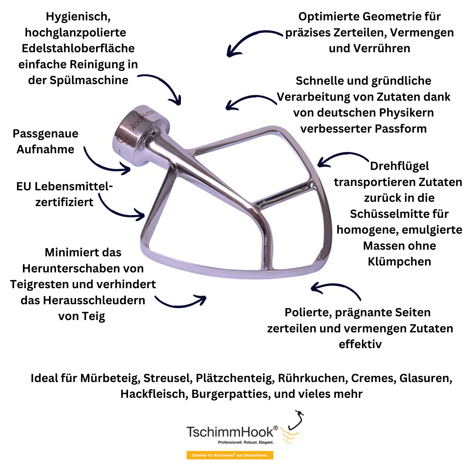 Ein Edelstahlhaken für die Küche, mit Beschriftungen, zum effizienten Mischen von Zutaten.