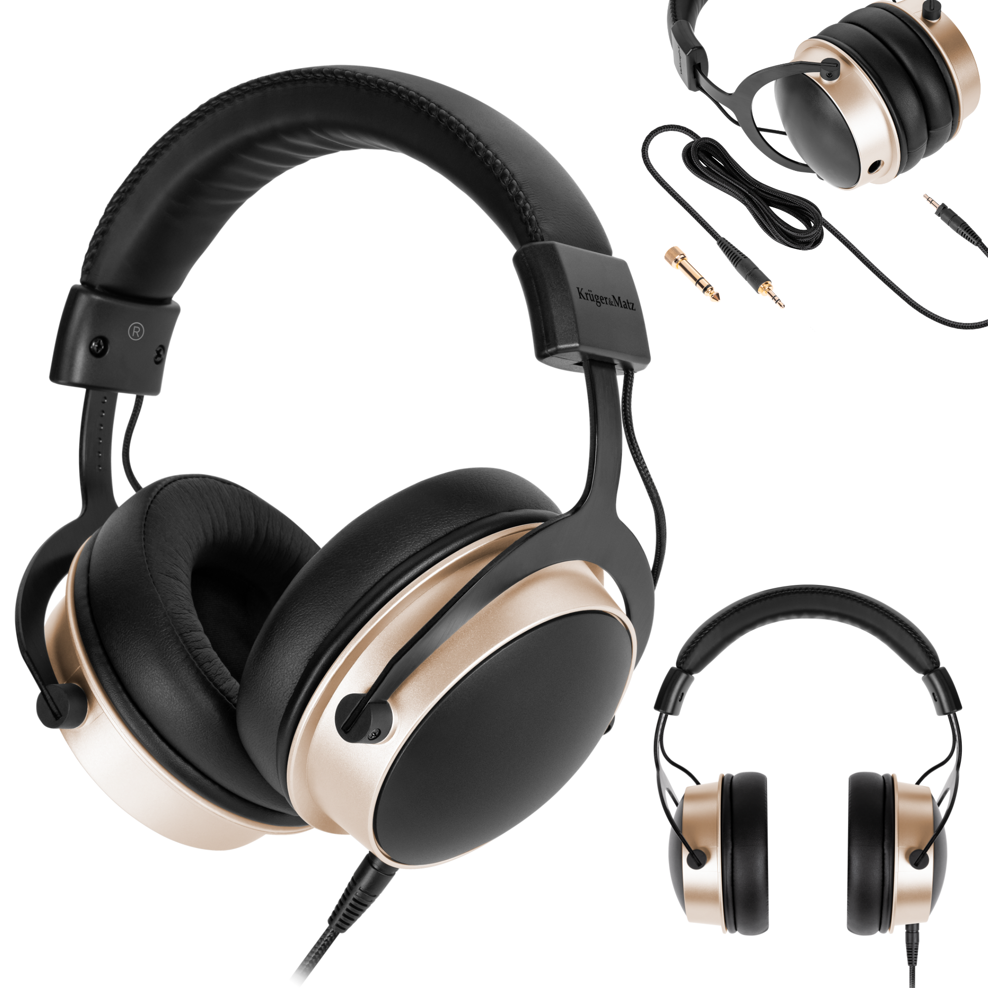 Złote i czarne słuchawki z czarnym kablem i złotym wtykiem wyświetlane pod wieloma kątami na białym tle.