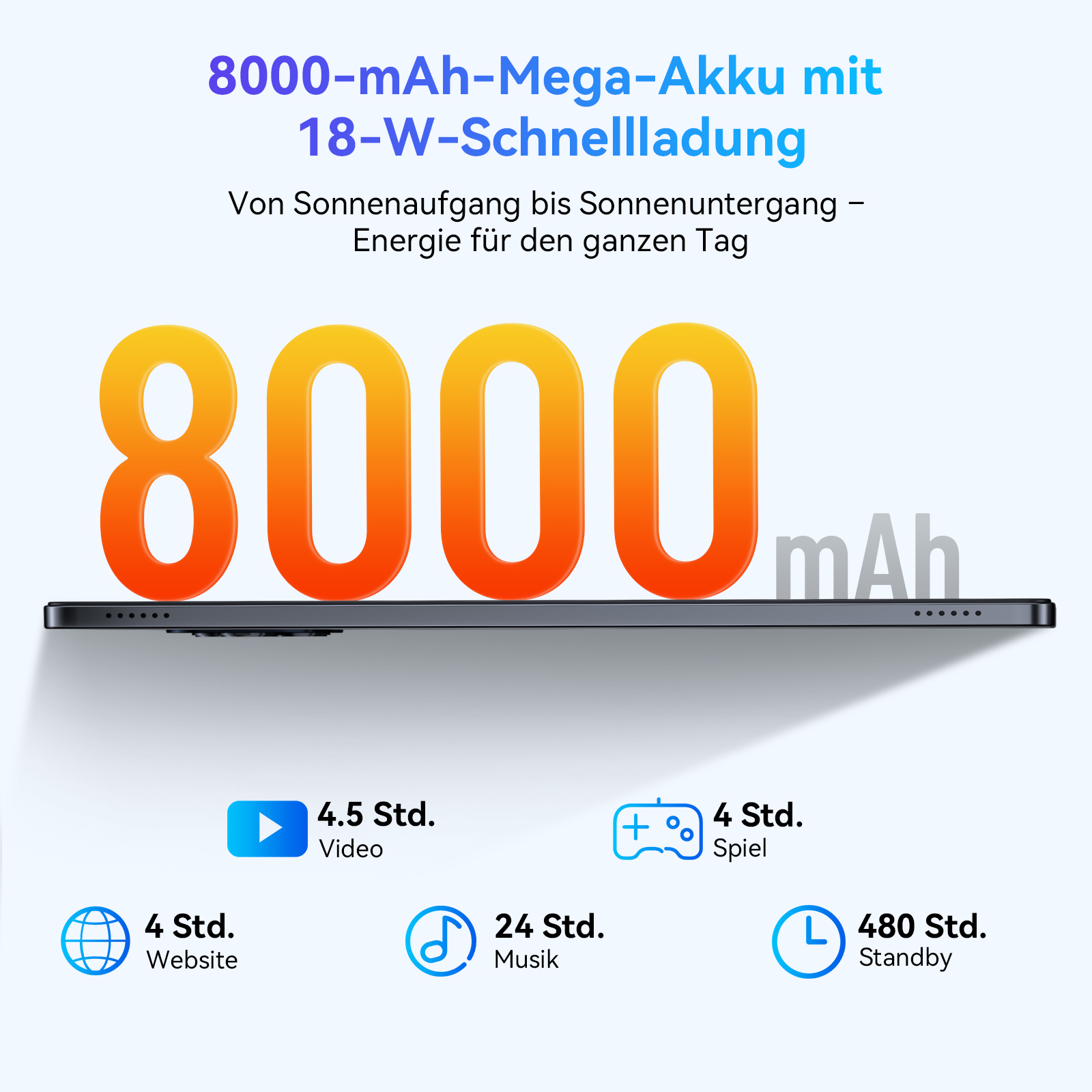 Grafik mit Telefon und 8000 mAh Akku-Info: Video 4,5h, Website 4h, Musik 24h, Spiel 4h, Standby 480h.