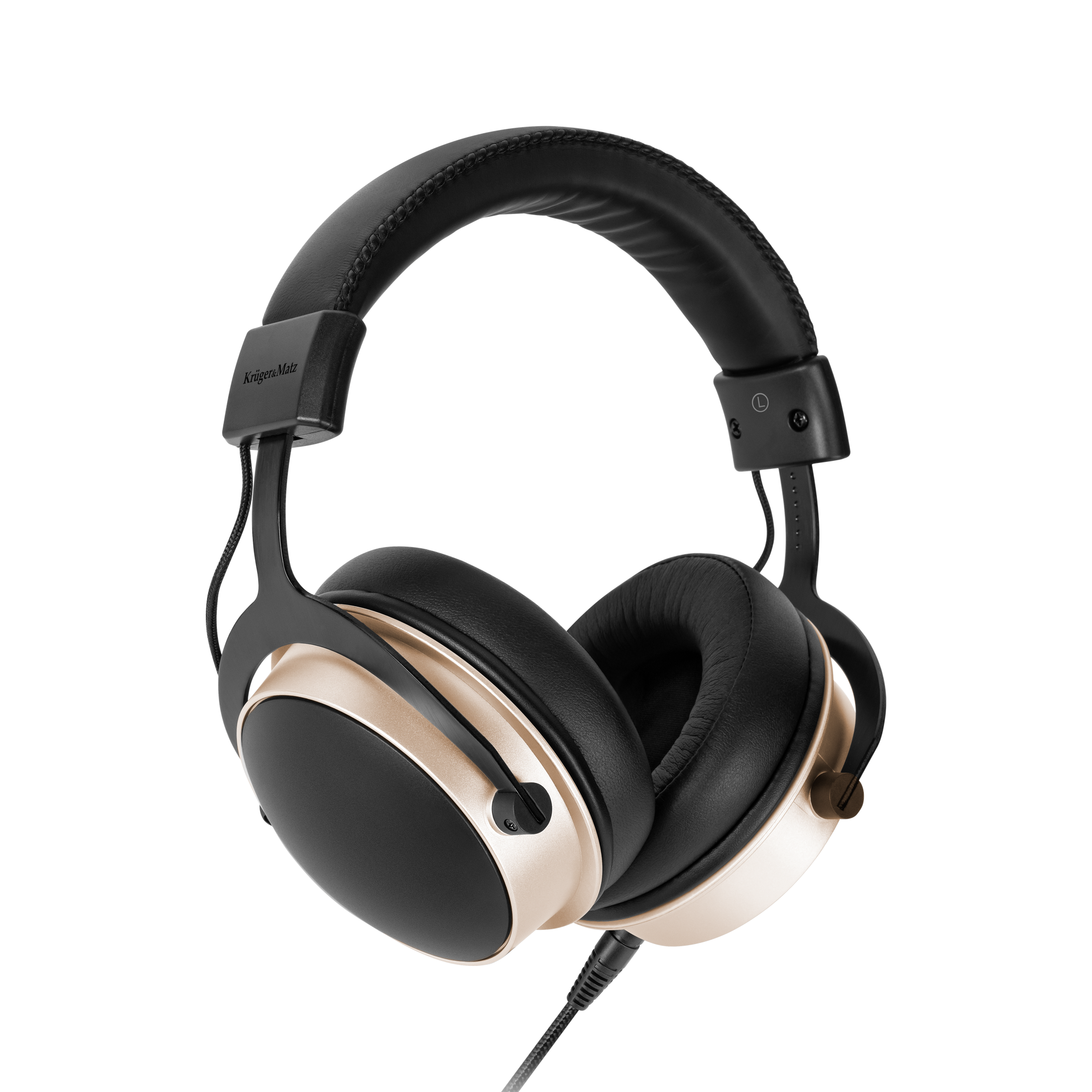 Czarne i złote słuchawki z czarnym kablem. Słuchawki mają wyściełany pałąk i nauszniki.