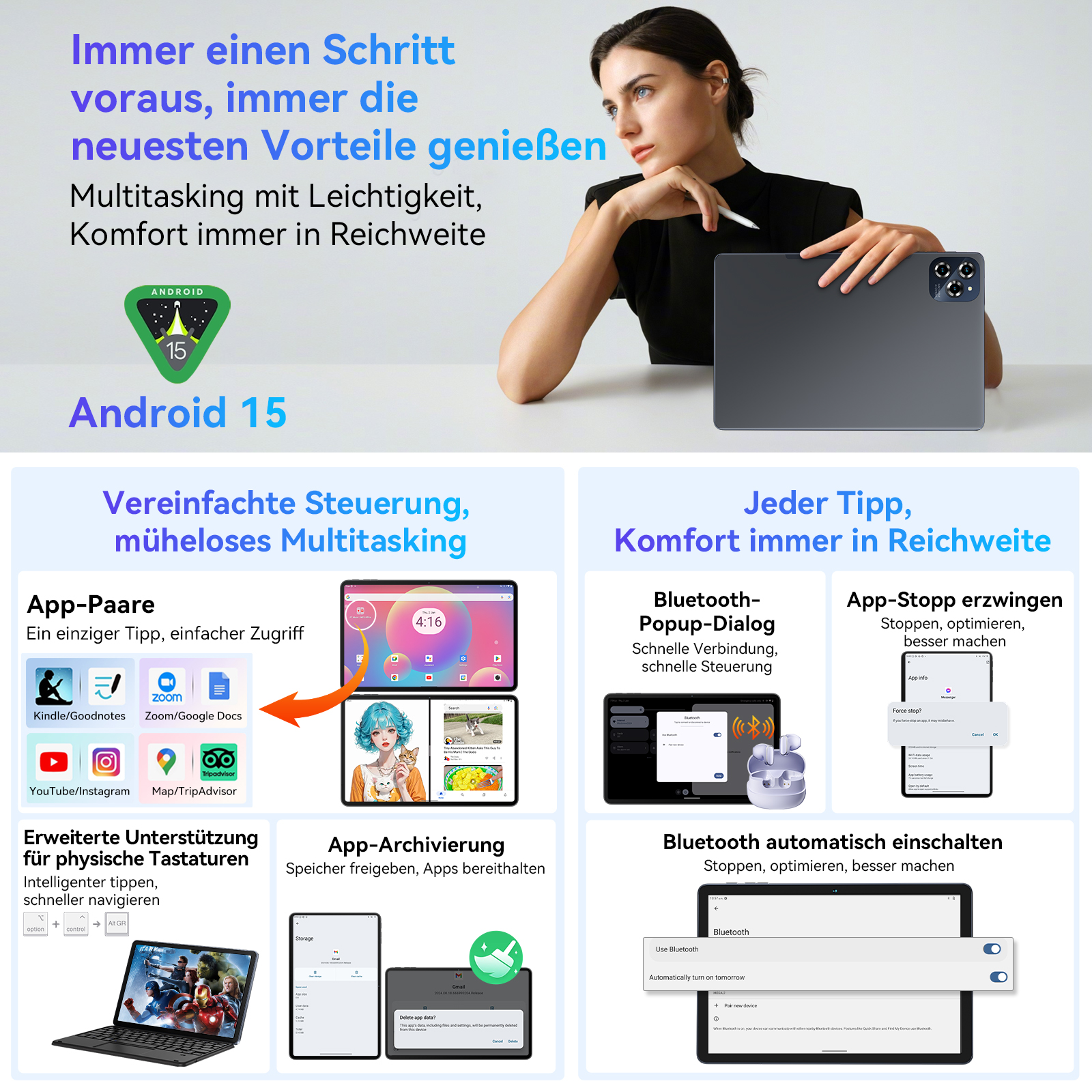 Frau mit Tablet, Stift. Android 15 bietet: Multitasking, App-Paare, physische Tastatur, Bluetooth-Steuerung und App-Archivierung.