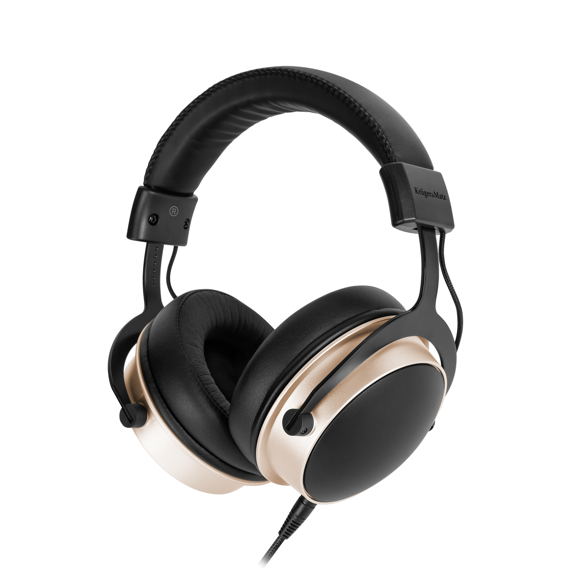 Czarne i złote słuchawki z wyściełanym pałąkiem i nausznikami. Kabel wychodzi z prawej słuchawki.