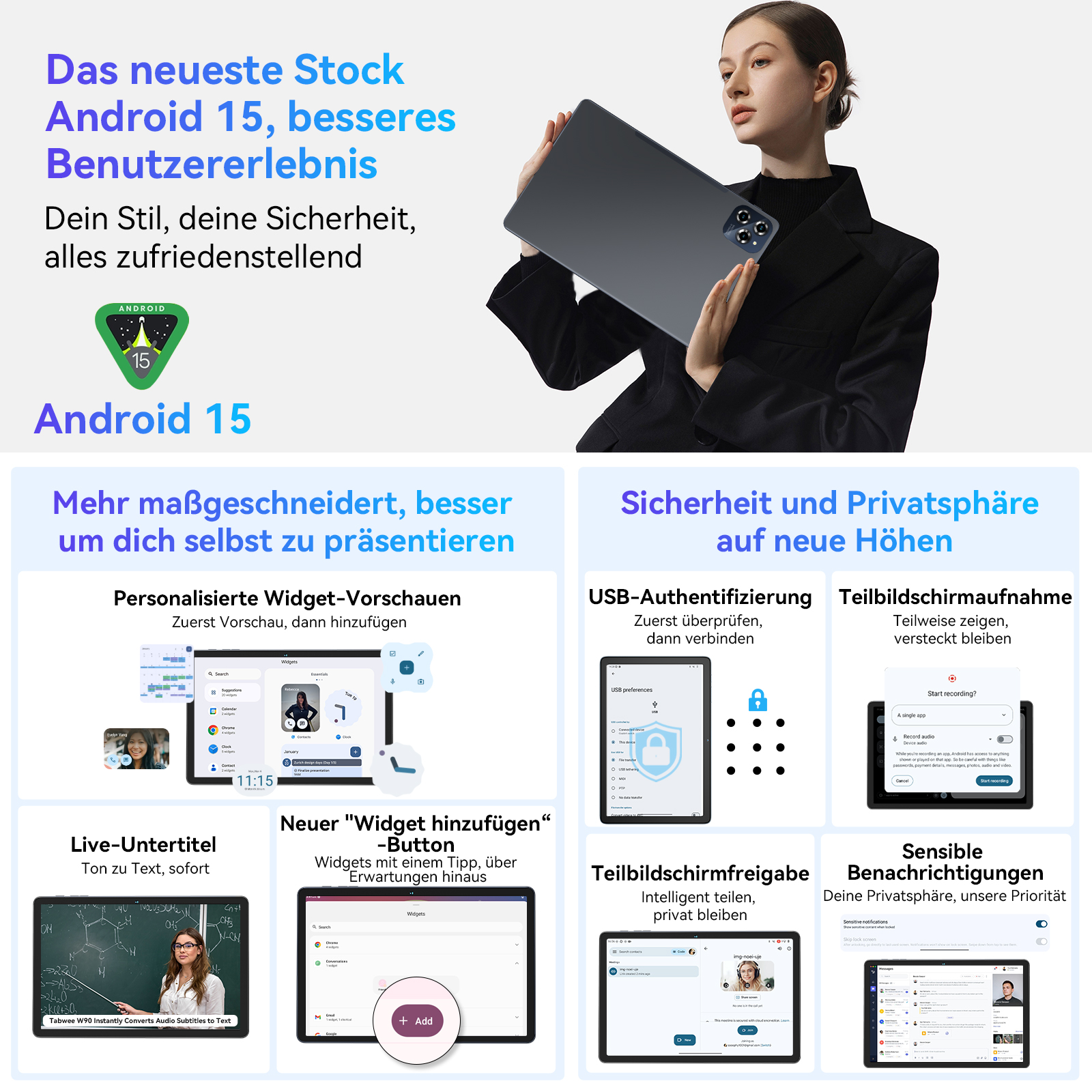 Eine Frau hält ein Tablet mit Android 15-Funktionen. Text hebt Android 15's Fokus auf Benutzererfahrung, Sicherheit und Anpassung hervor.