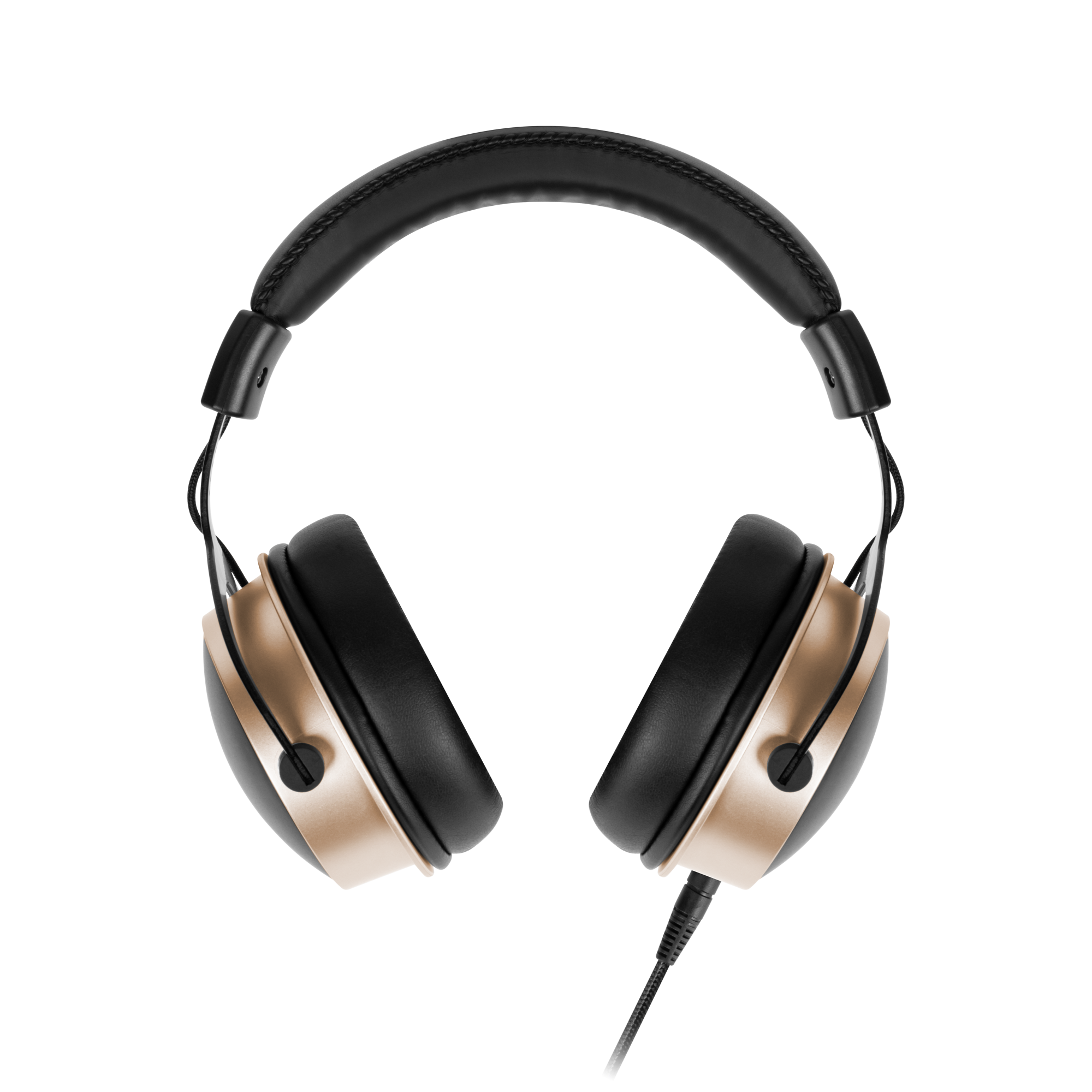 Słuchawki z czarnymi nausznikami i pałąkiem, złotymi akcentami, czarnym kablem. Ujęcie pod kątem na szaro-białym pasiastym tle.