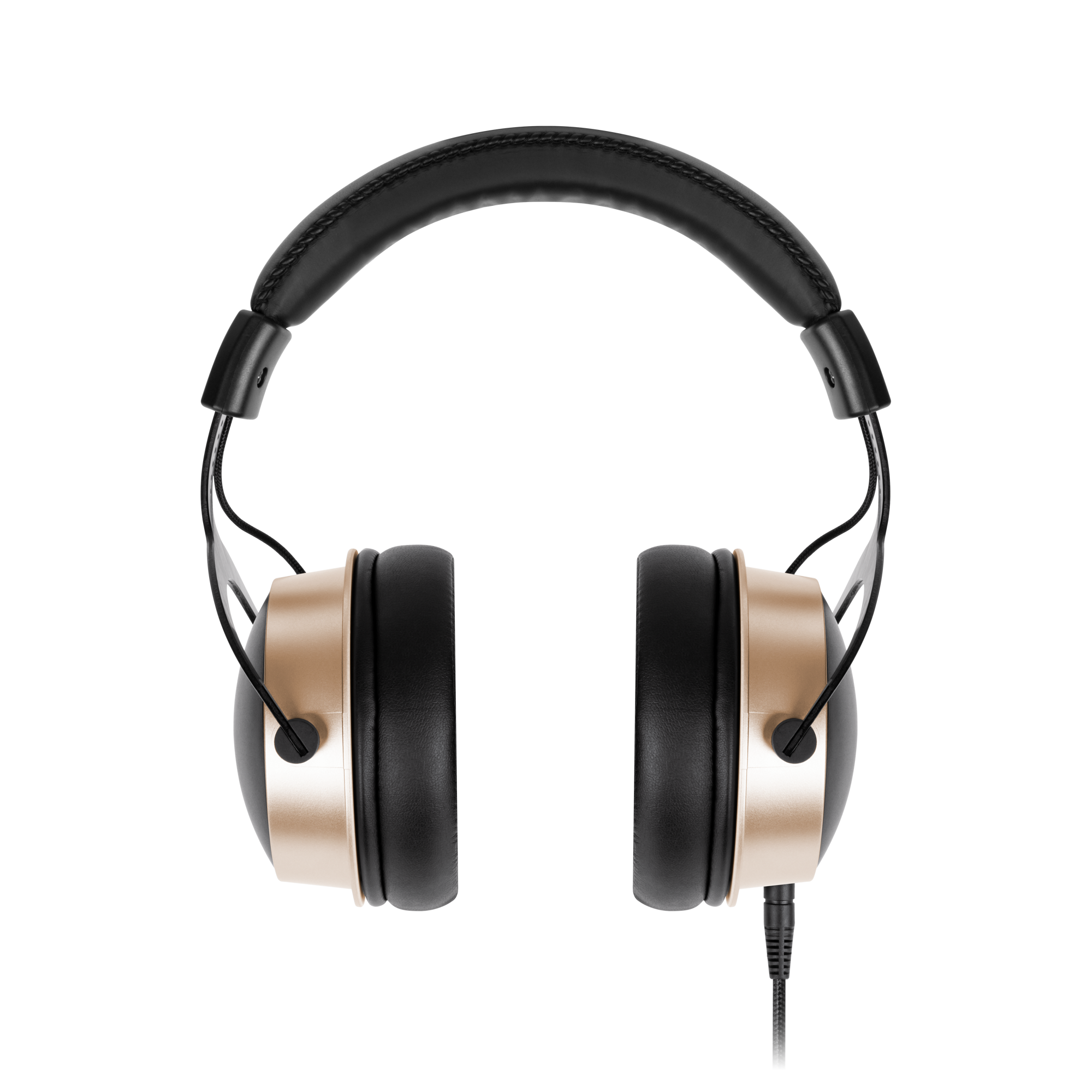 Słuchawki nauszne z czarnymi nausznikami, złotymi akcentami i czarnym pałąkiem. Kabel wychodzi z prawego nausznika.