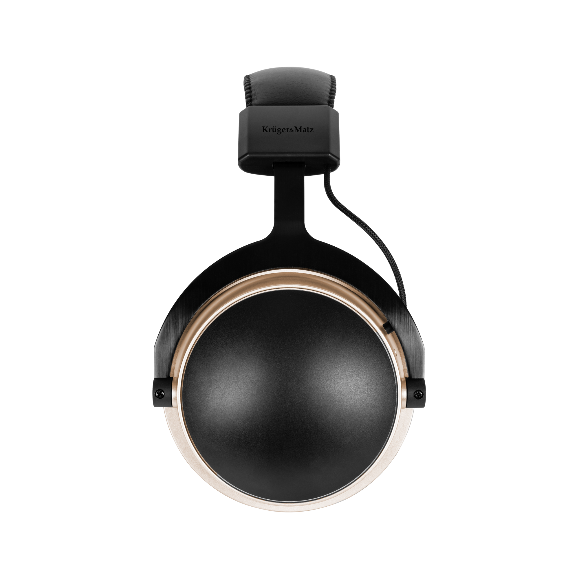Czarne słuchawki ze złotymi akcentami na szarym tle. Marka Krüger&Matz jest widoczna na pałąku.