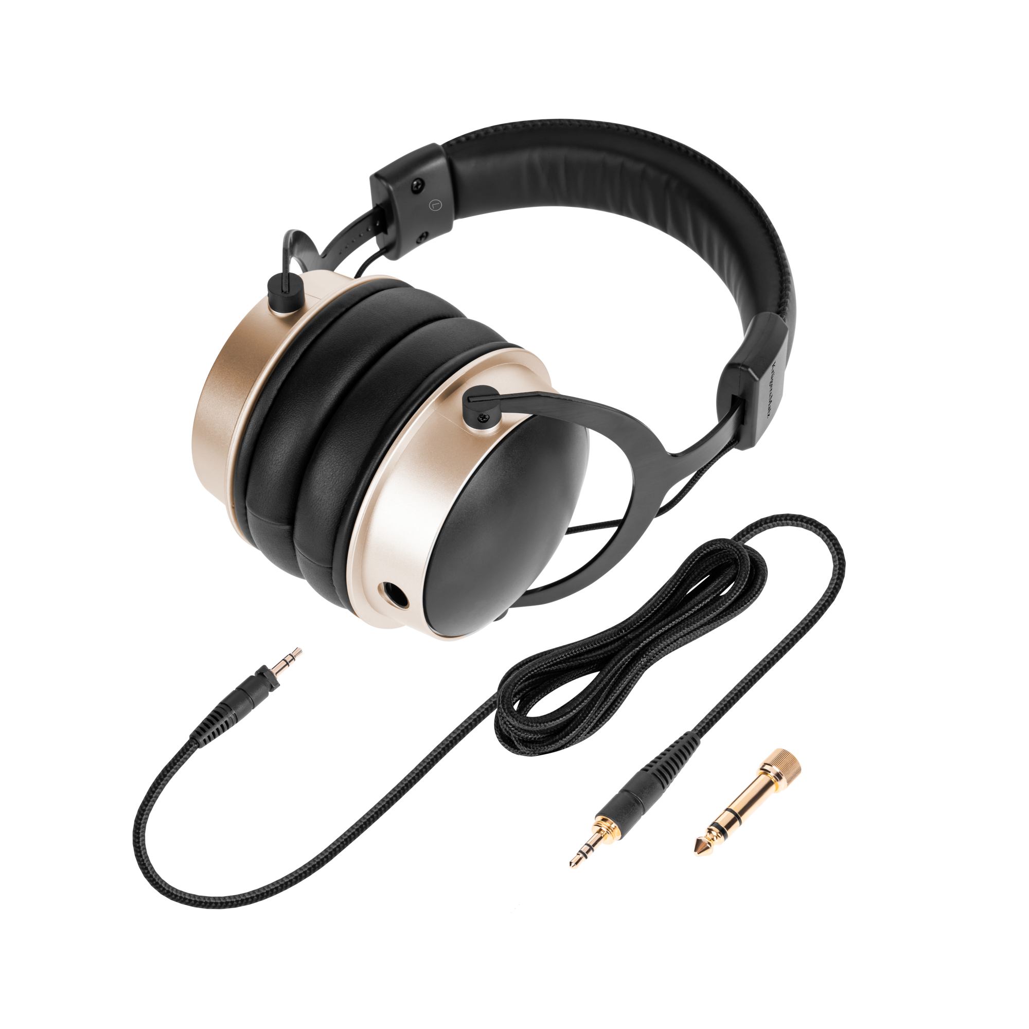 Słuchawki ze złotymi i czarnymi akcentami, czarnym kablem i dwoma wtyczkami na szarym tle.