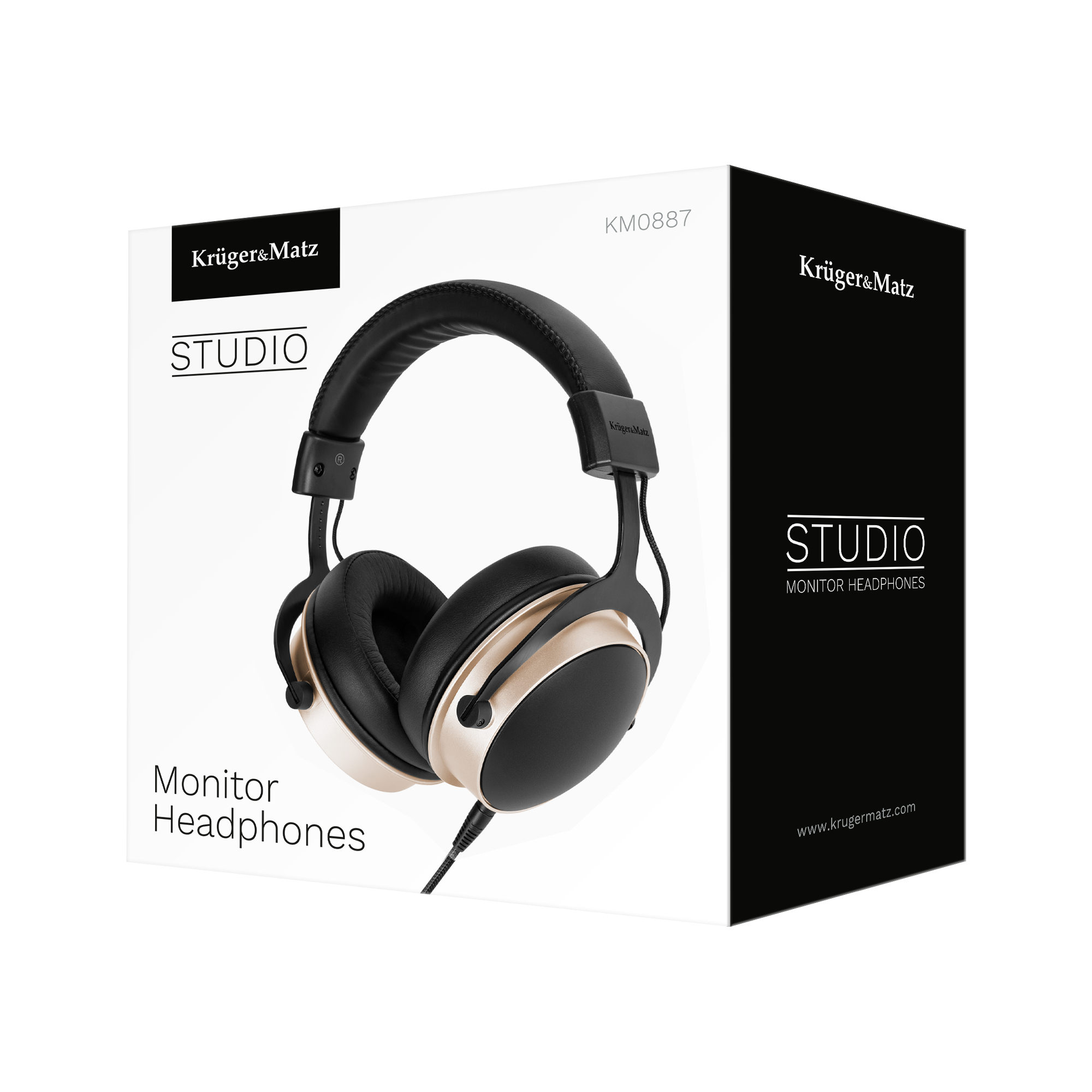 Słuchawki studyjne z czarnymi nausznikami i złotymi akcentami na białym pudełku. Na pudełku nazwa marki i modelu.