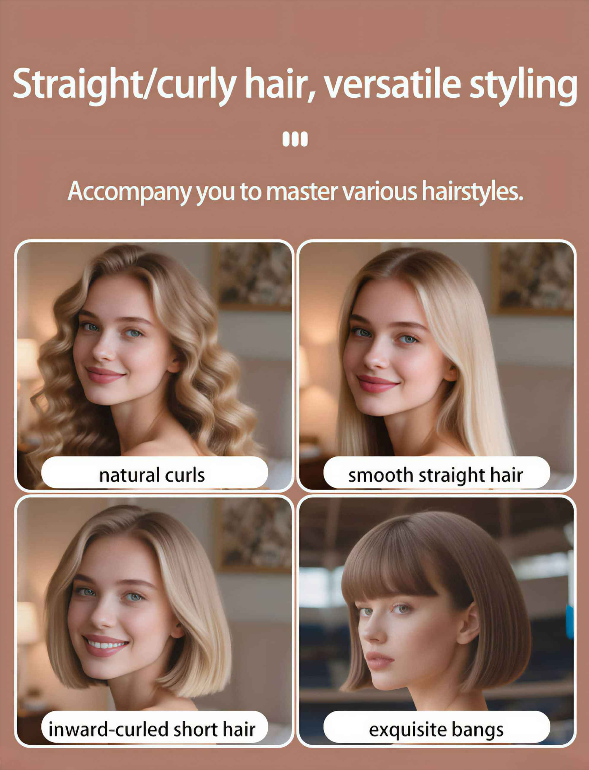 Das Bild zeigt vier Frauen mit unterschiedlichen Frisuren: lockig, glatt, kurz und mit Pony. Text: 'Gerades/lockiges Haar, vielseitiges Styling'.