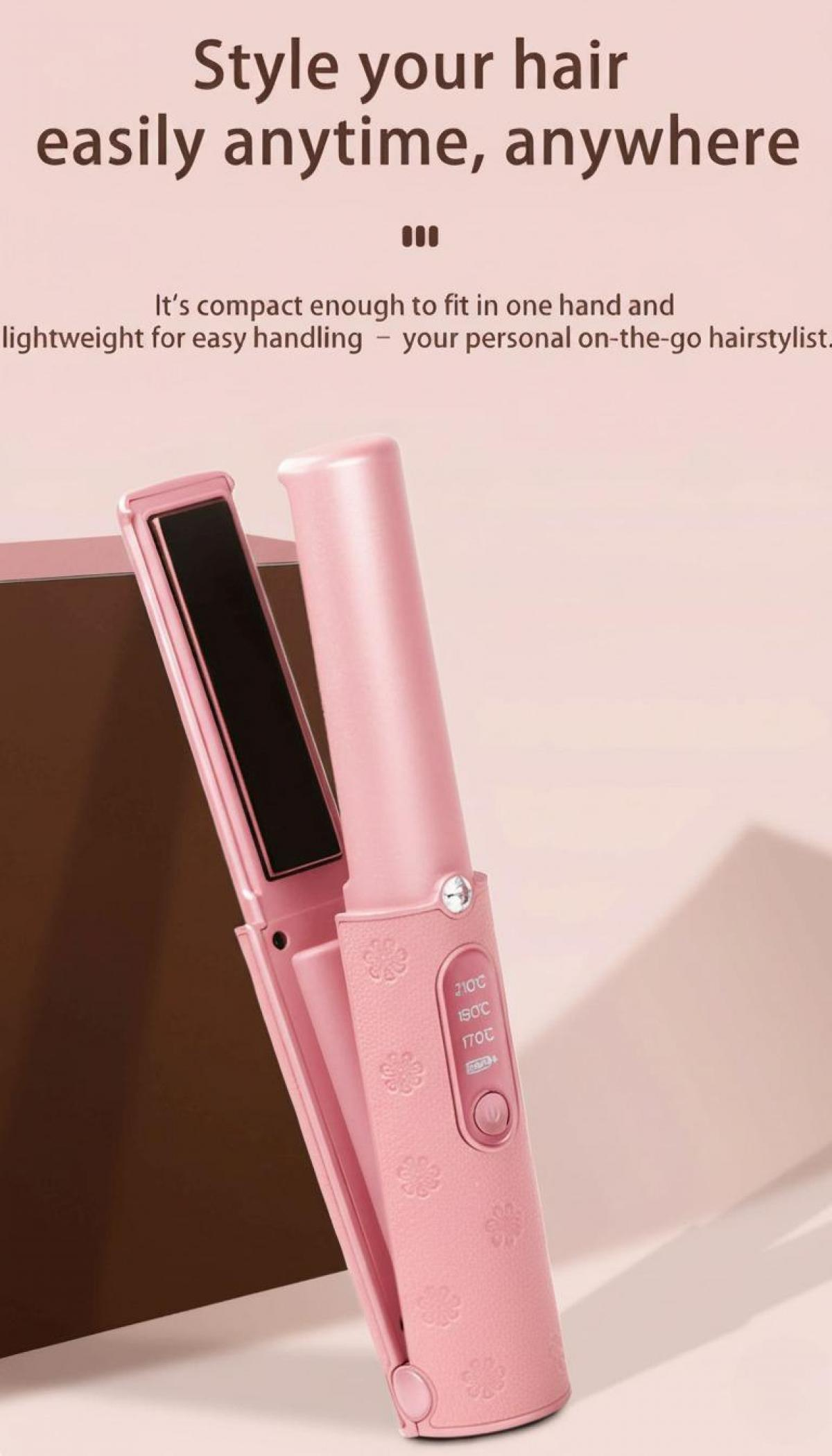 Ein rosa Haarglätter wird gezeigt. Es hat eine schwarze Heizplatte und Temperatureinstellungen. Der Hintergrund ist rosa.