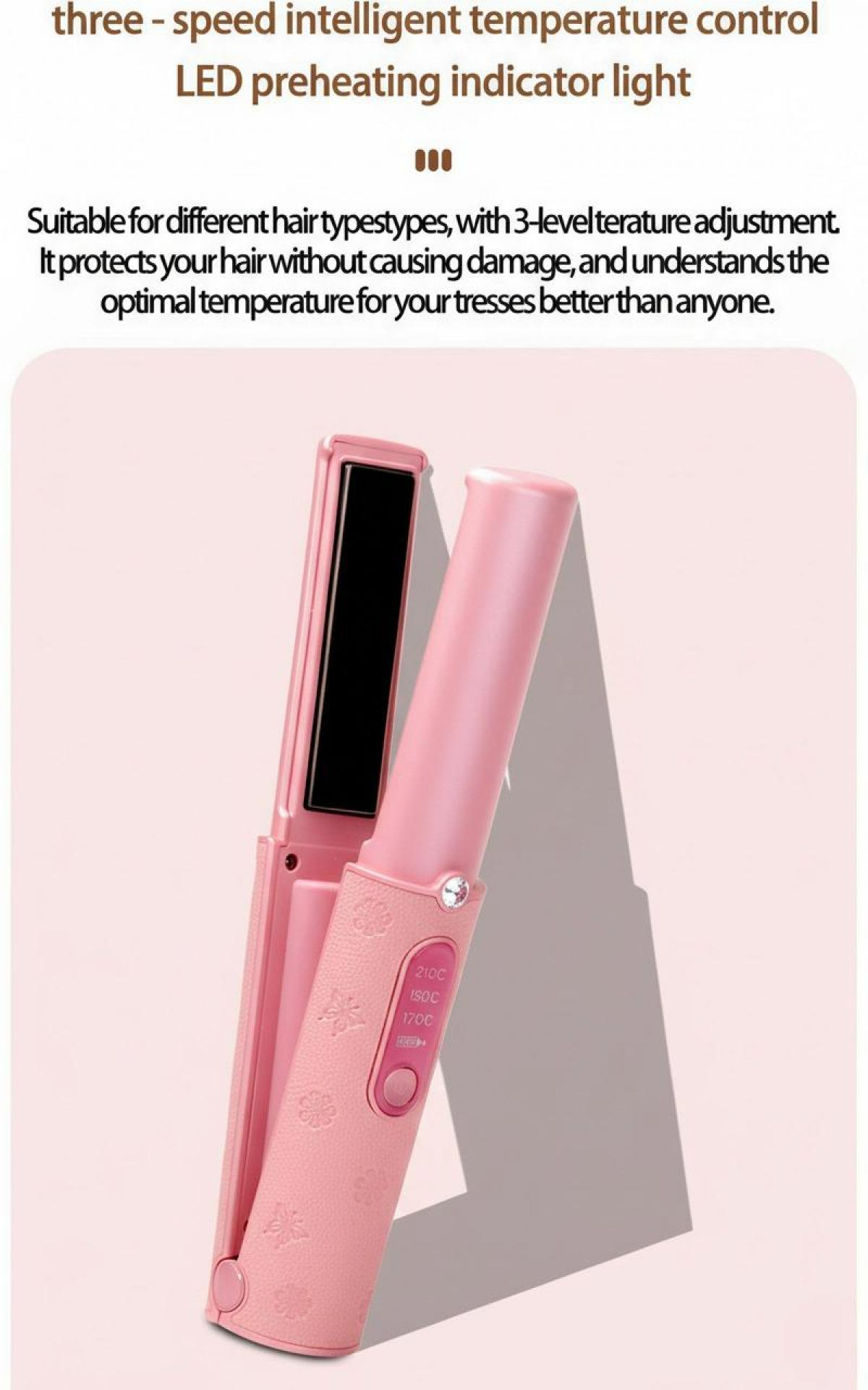 Rosa Haarglätter mit schwarzen Heizplatten. Zeigt Temperatureinstellungen: 210C, 150C, 170C. Rosa Hintergrund.