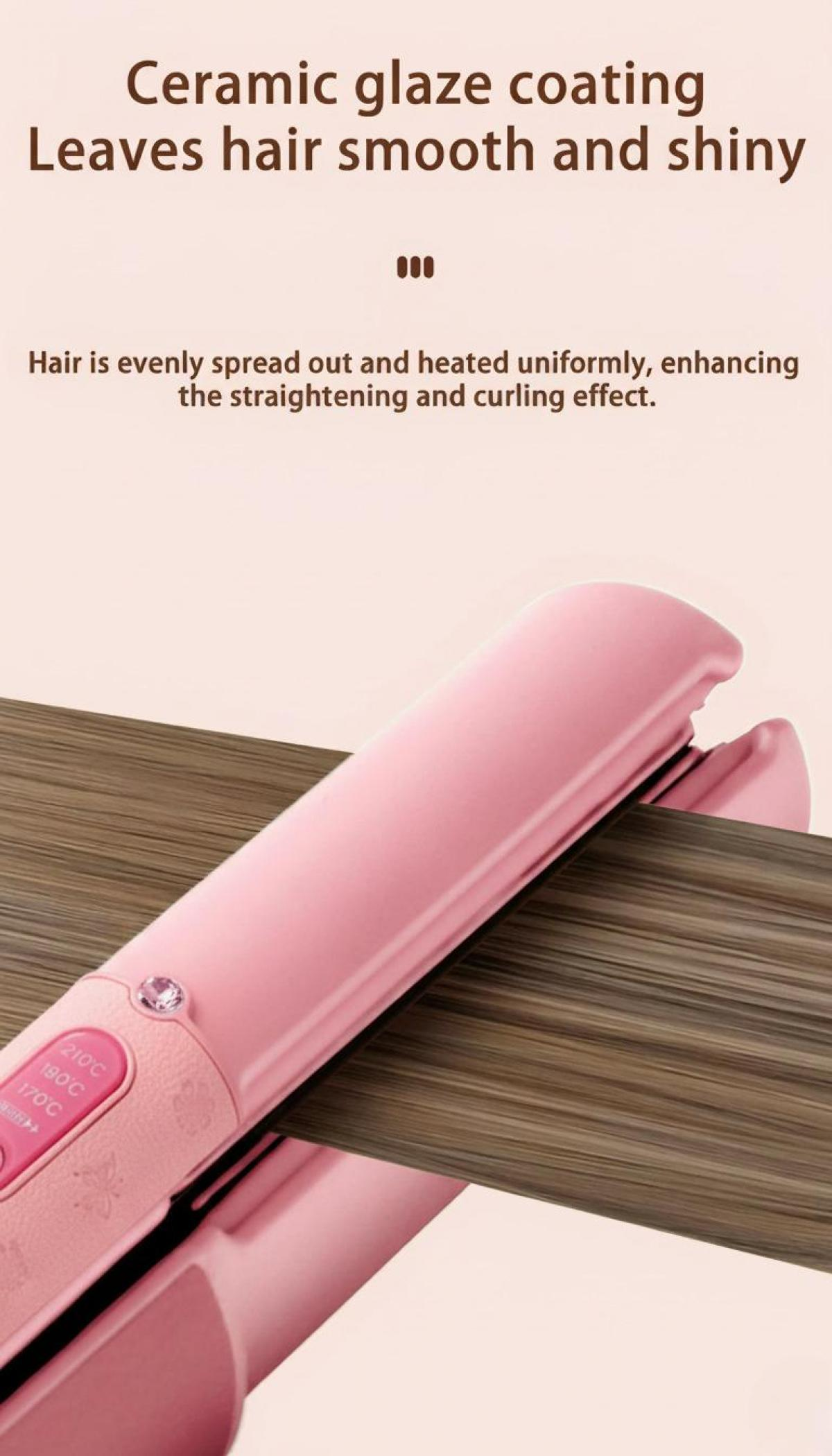 Ein rosa Haarglätter liegt auf einer Holzoberfläche mit Haarsträhnen. Text oben erwähnt Keramikbeschichtung für glattes Haar.
