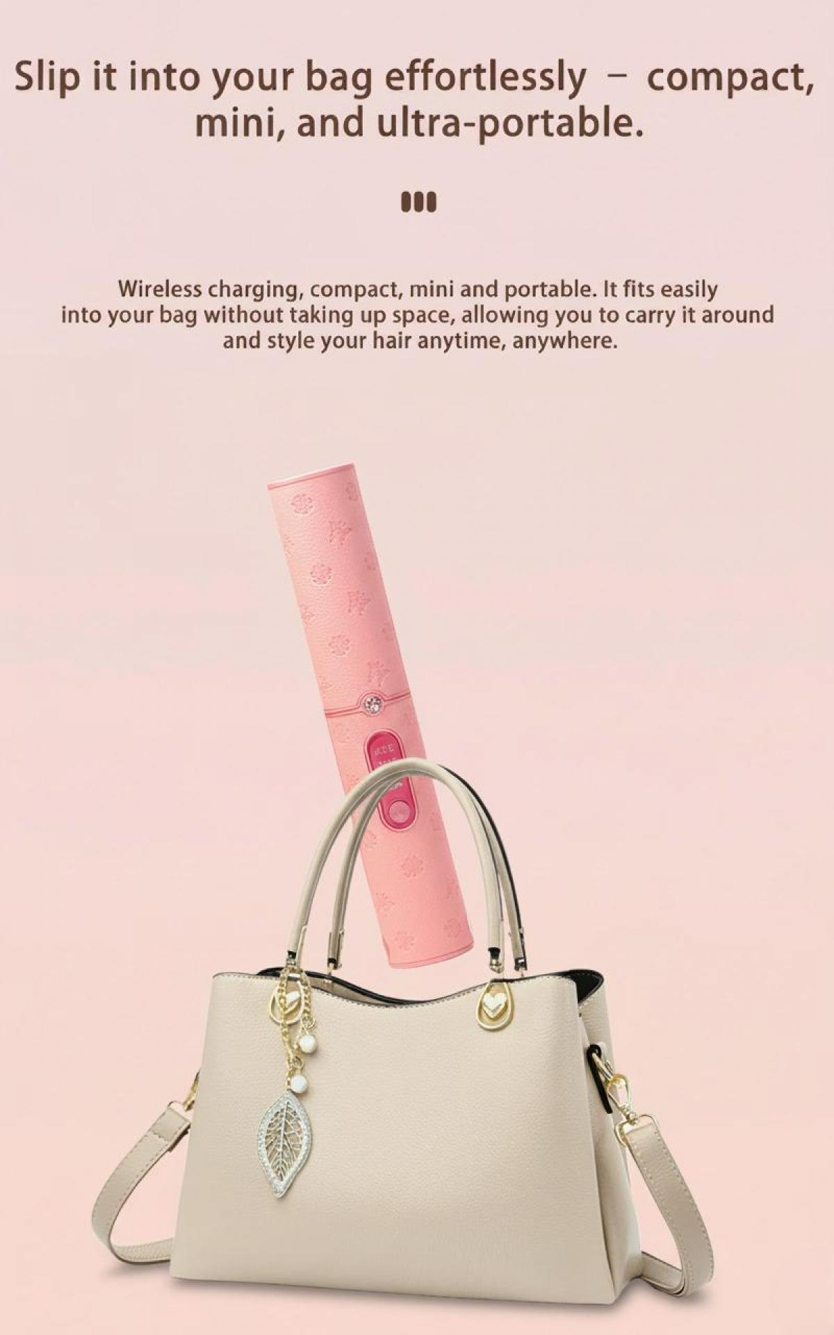 Ein rosa Haarstyling-Gerät wird in eine beige Handtasche gelegt. Das Bild hat einen rosa Hintergrund. Text wirbt für die Tragbarkeit.