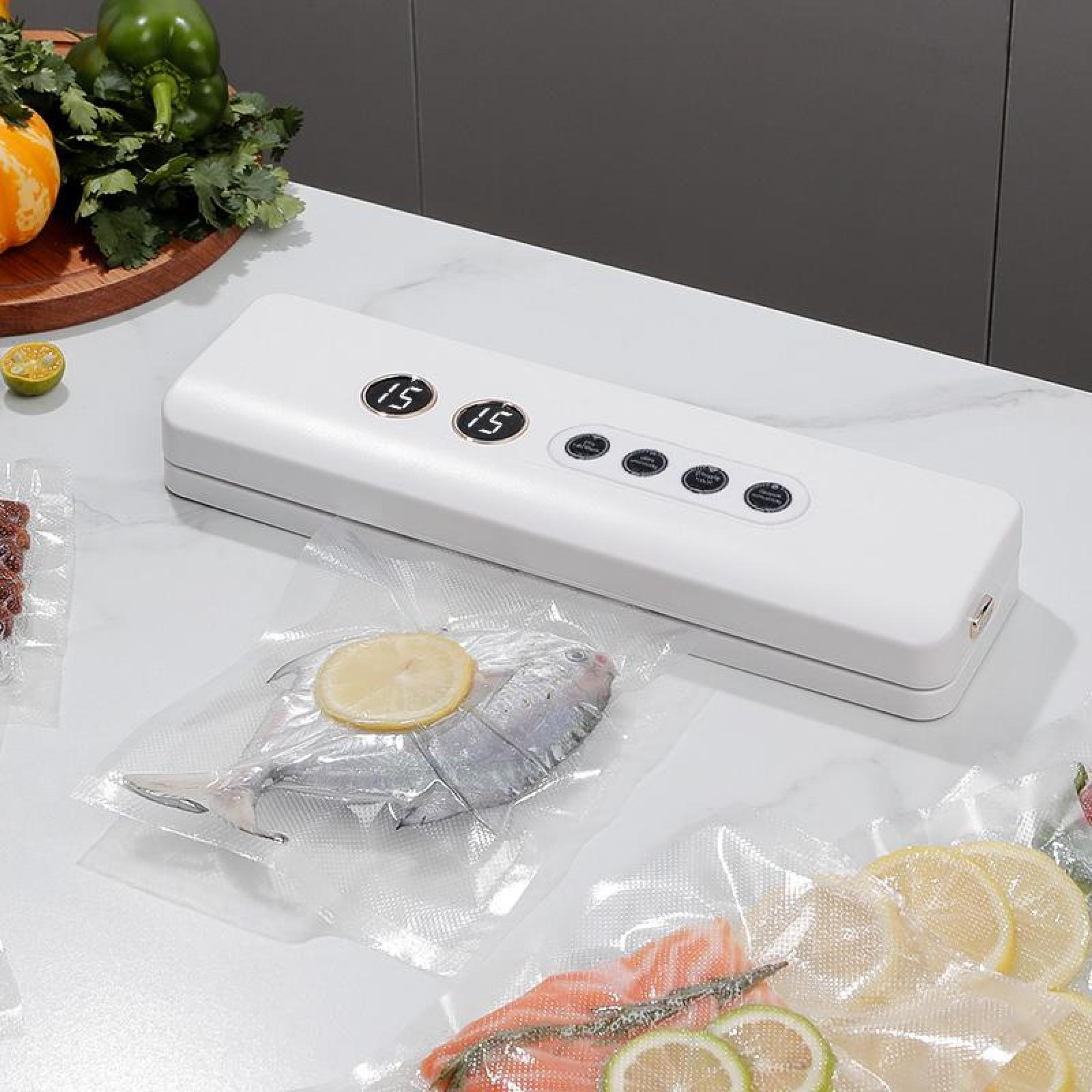 Ein weißer Vakuumierer mit Fisch und Zitronenscheiben in Plastiktüten. Gemüse und Obst sind im Hintergrund.