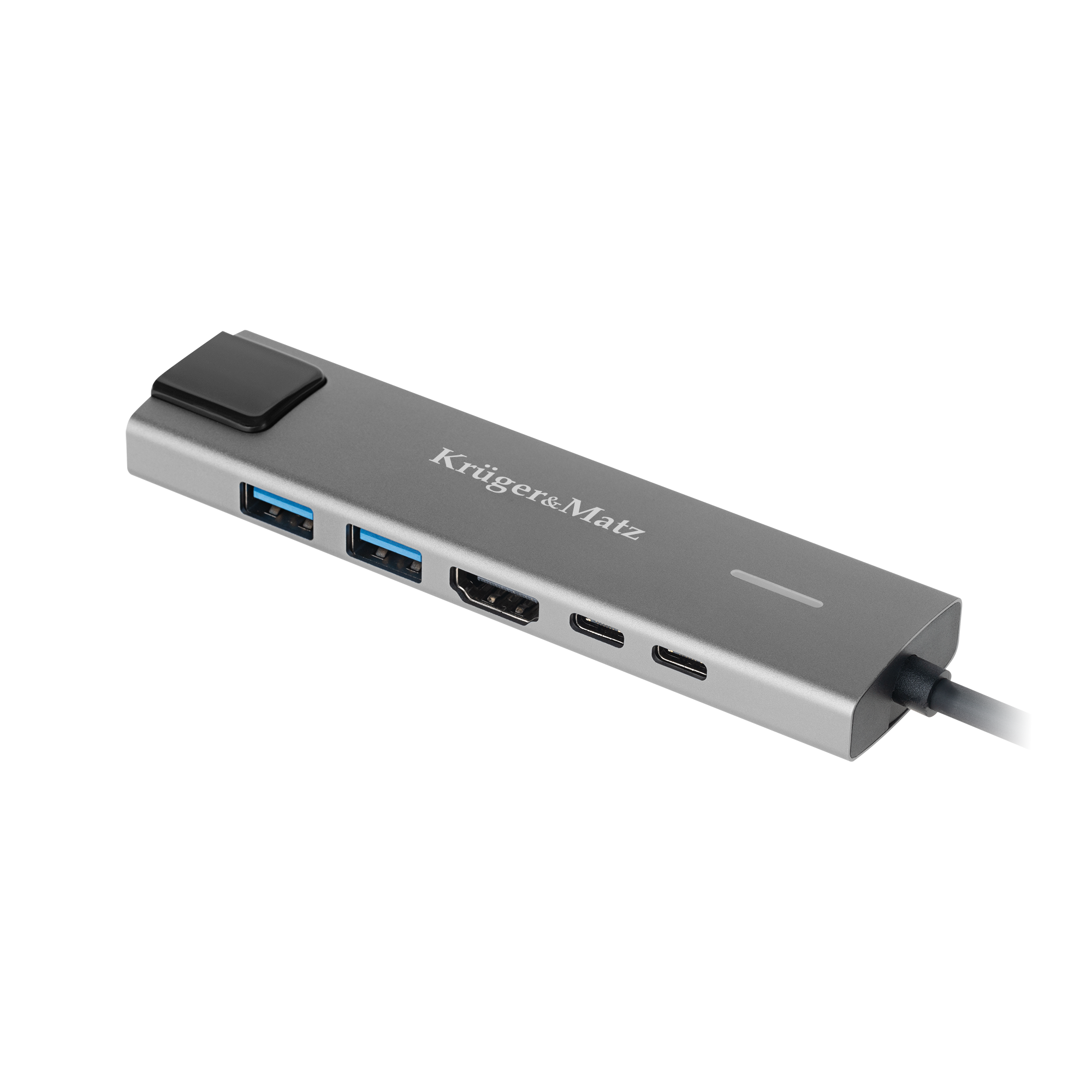 Srebrny hub USB z czarnymi akcentami. Posiada porty USB, HDMI i USB-C. Wyświetlana jest nazwa marki Krüger&Matz.