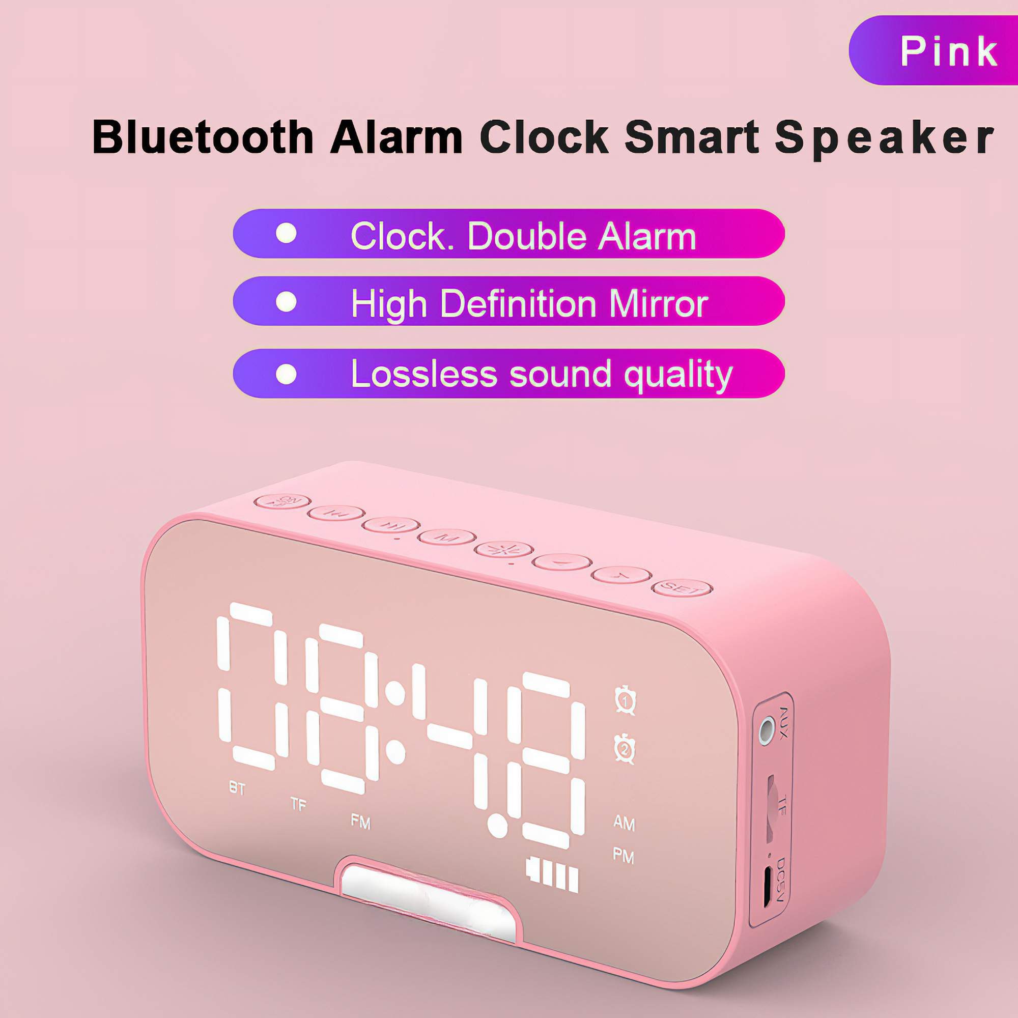 Pinkfarbener Bluetooth-Wecker mit Digitalanzeige. Funktionen: Doppelalarm und verlustfreie Klangqualität.