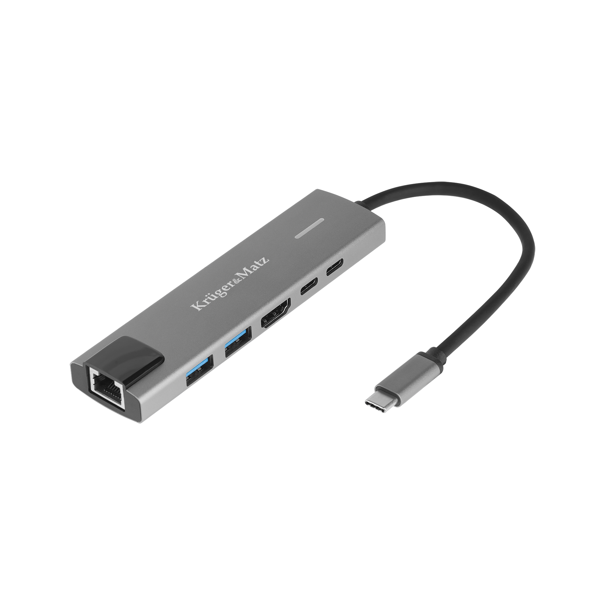 Srebrny hub USB-C Krüger&Matz z wieloma portami i czarnym kablem. Posiada porty USB, HDMI i Ethernet.