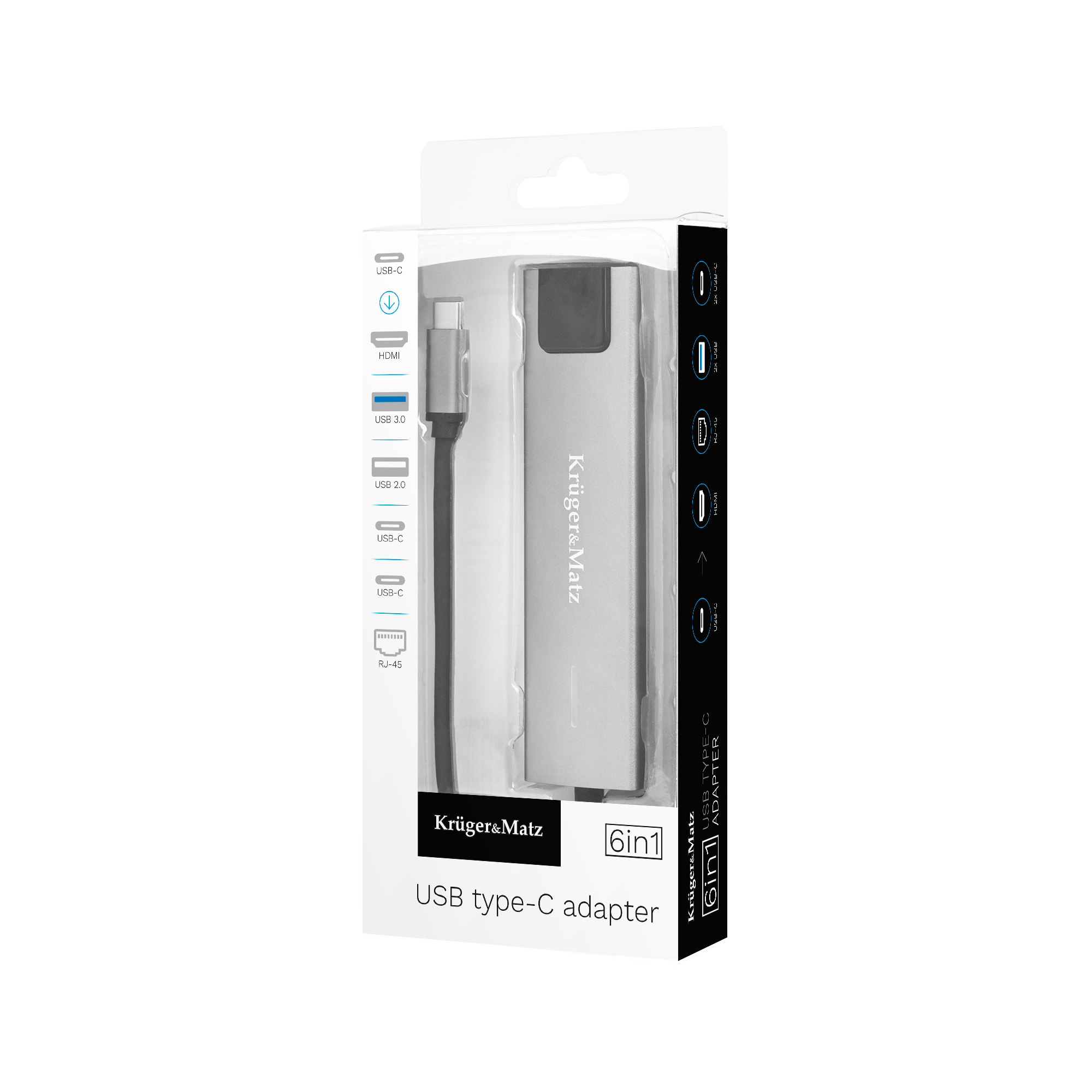 Srebrny adapter USB typu C w plastikowym opakowaniu. Opakowanie zawiera nazwę marki i informacje o typie adaptera.