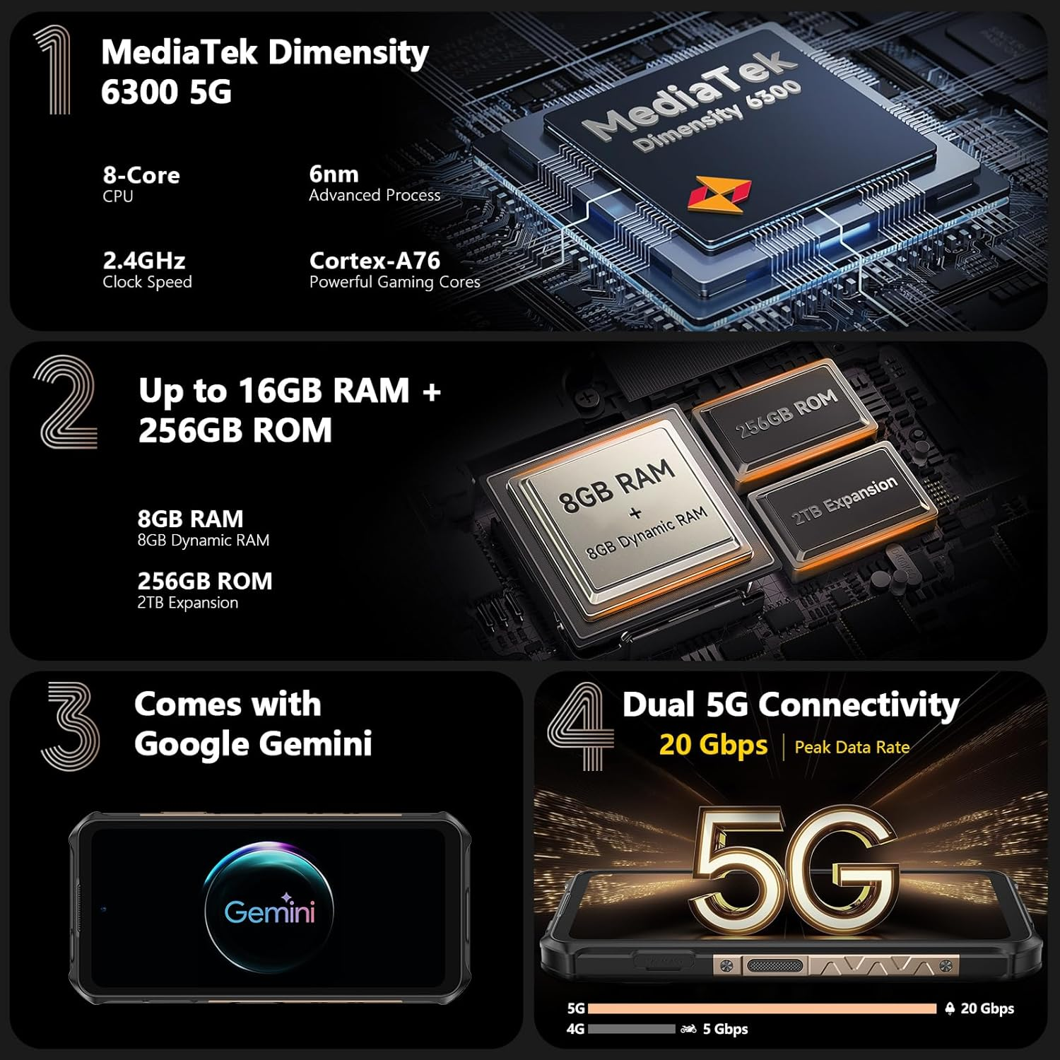 Werbung für einen MediaTek Dimensity 6300 5G Prozessor mit technischen Daten, einschließlich RAM, ROM, Google Gemini und 5G-Konnektivität.