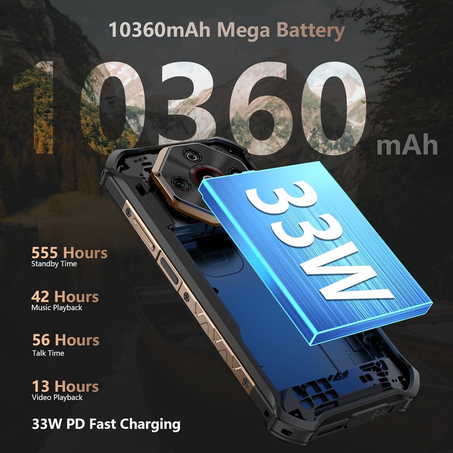 Ein Smartphone mit schwarz-goldenem Gehäuse. Der Bildschirm zeigt Batteriekapazität, Ladespezifikationen und Nutzungszeiten. Der Hintergrund ist unscharf.