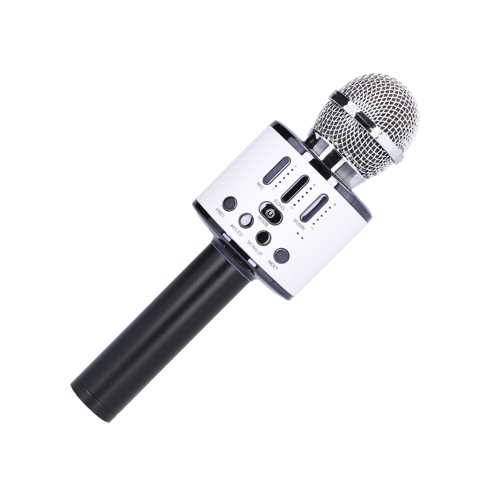 Un microfono karaoke bianco e nero. Ha una testa a rete argentata e pulsanti di controllo, su sfondo bianco.