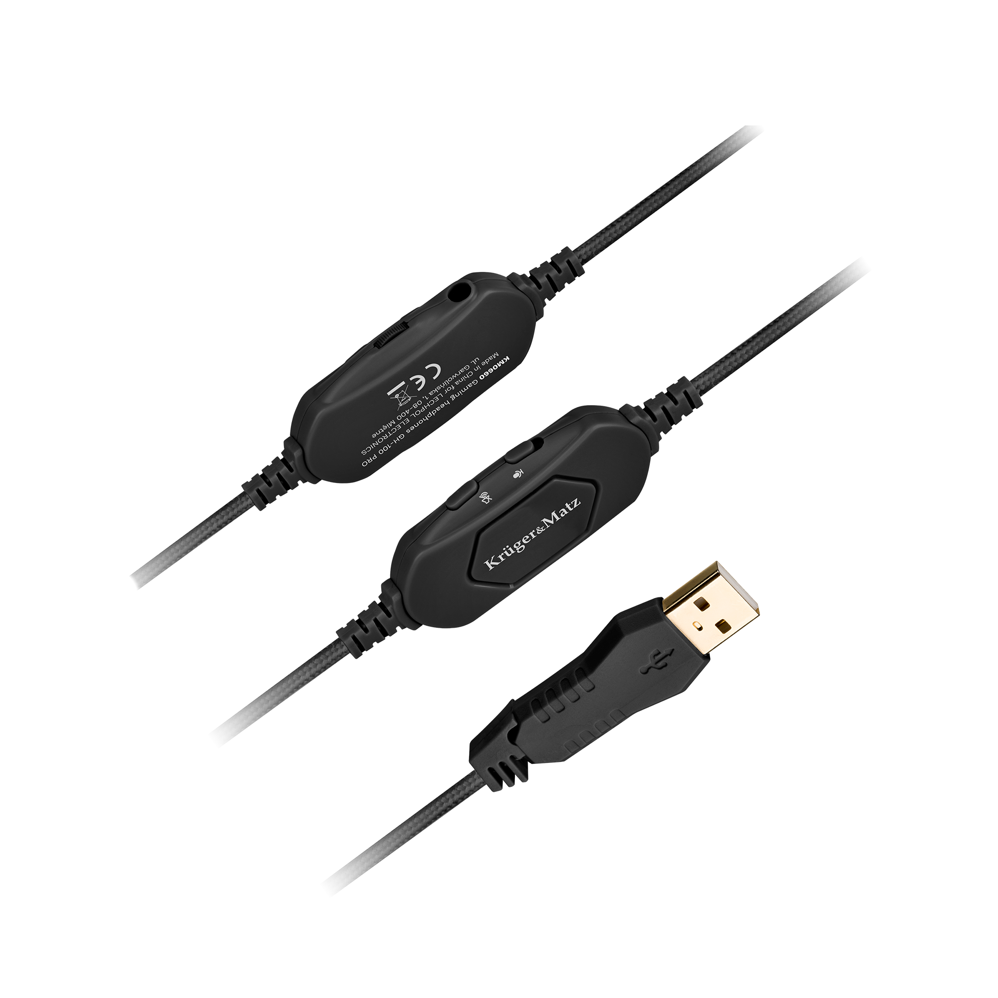 Czarny kabel audio z wbudowanymi kontrolkami i złączem USB, na szarym tle. Widoczna nazwa marki.