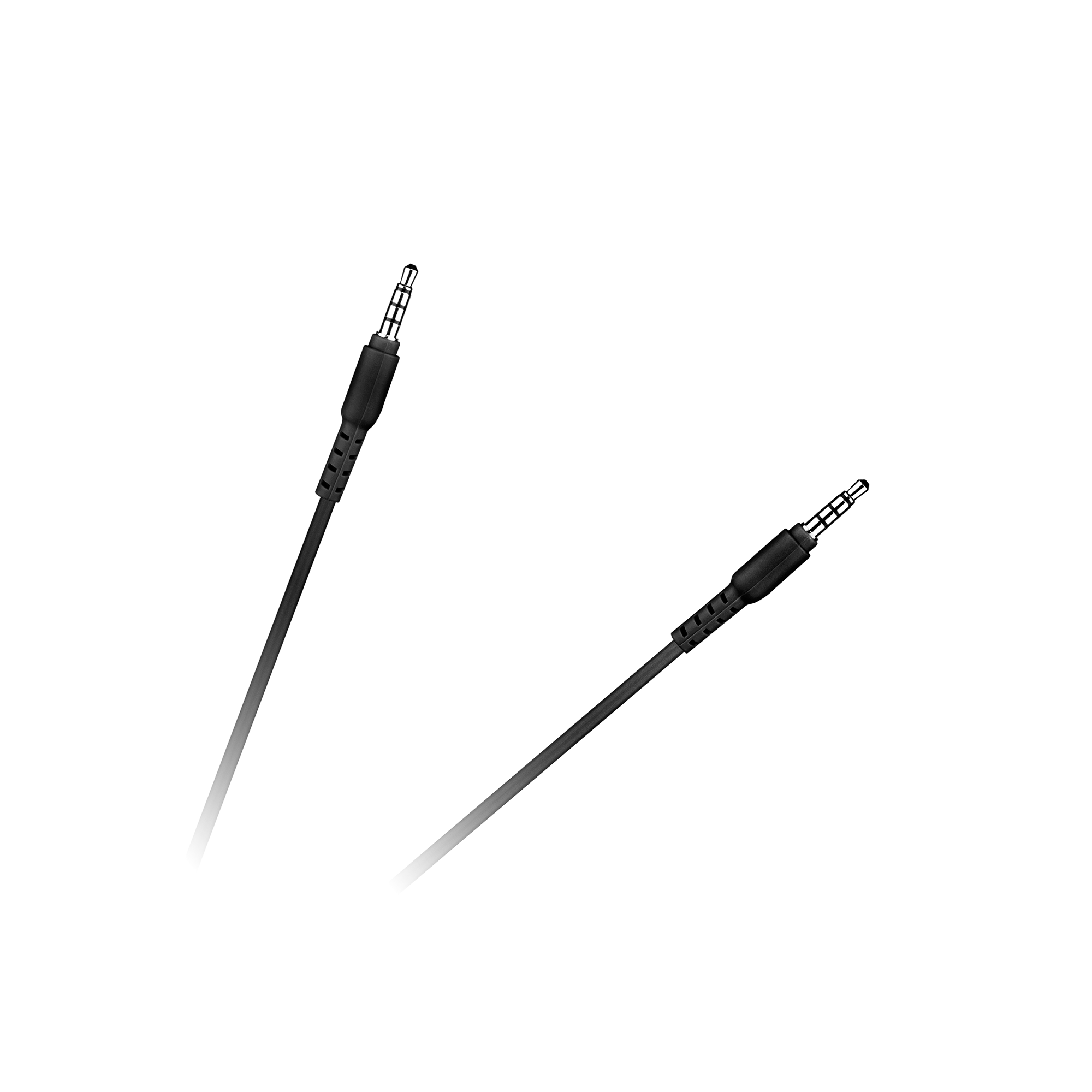 Dwa czarne gniazda audio z kablami na szarym tle. Gniazda są ułożone po przekątnej.