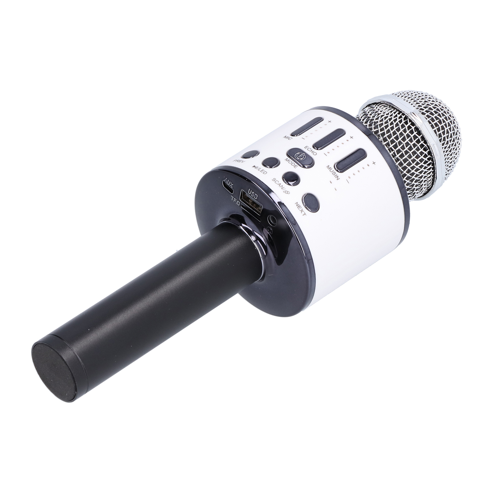 Un microfono per karaoke bianco e nero. Ha una testa in rete, pulsanti di controllo e una porta USB.