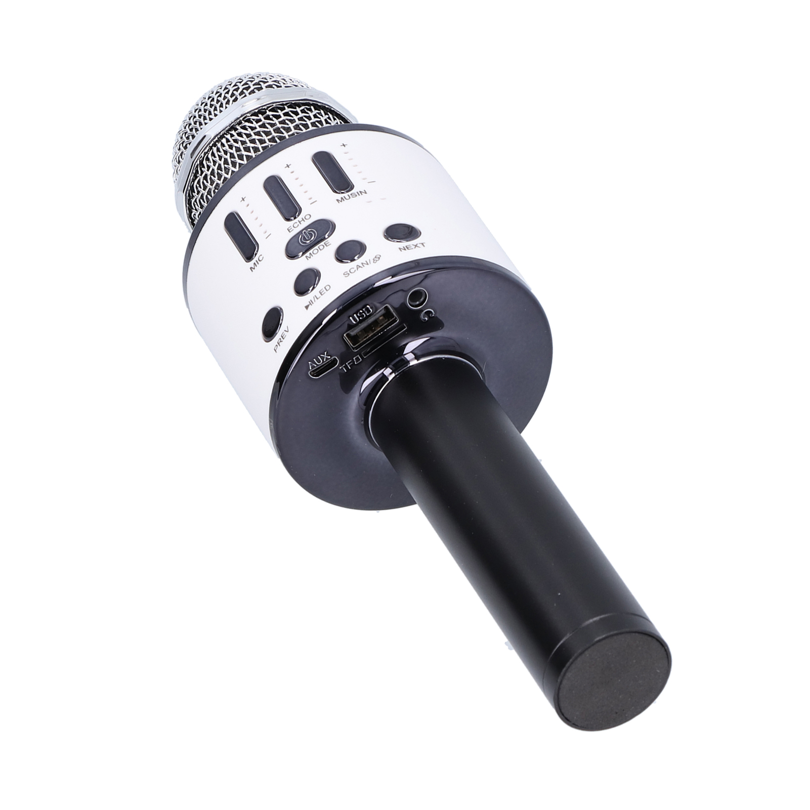Un microfono karaoke bianco e nero. Ha pulsanti e una porta USB.