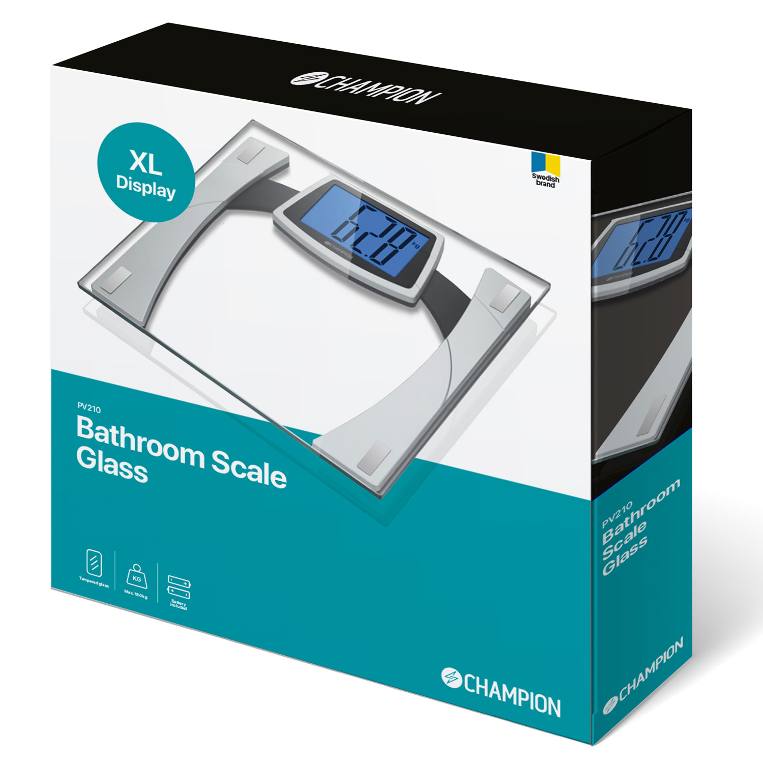 Eine Champion-Badezimmerwaagenbox. Sie zeigt eine Waage mit XL-Display. Die Box ist schwarz-weiß mit türkisfarbenen Akzenten.