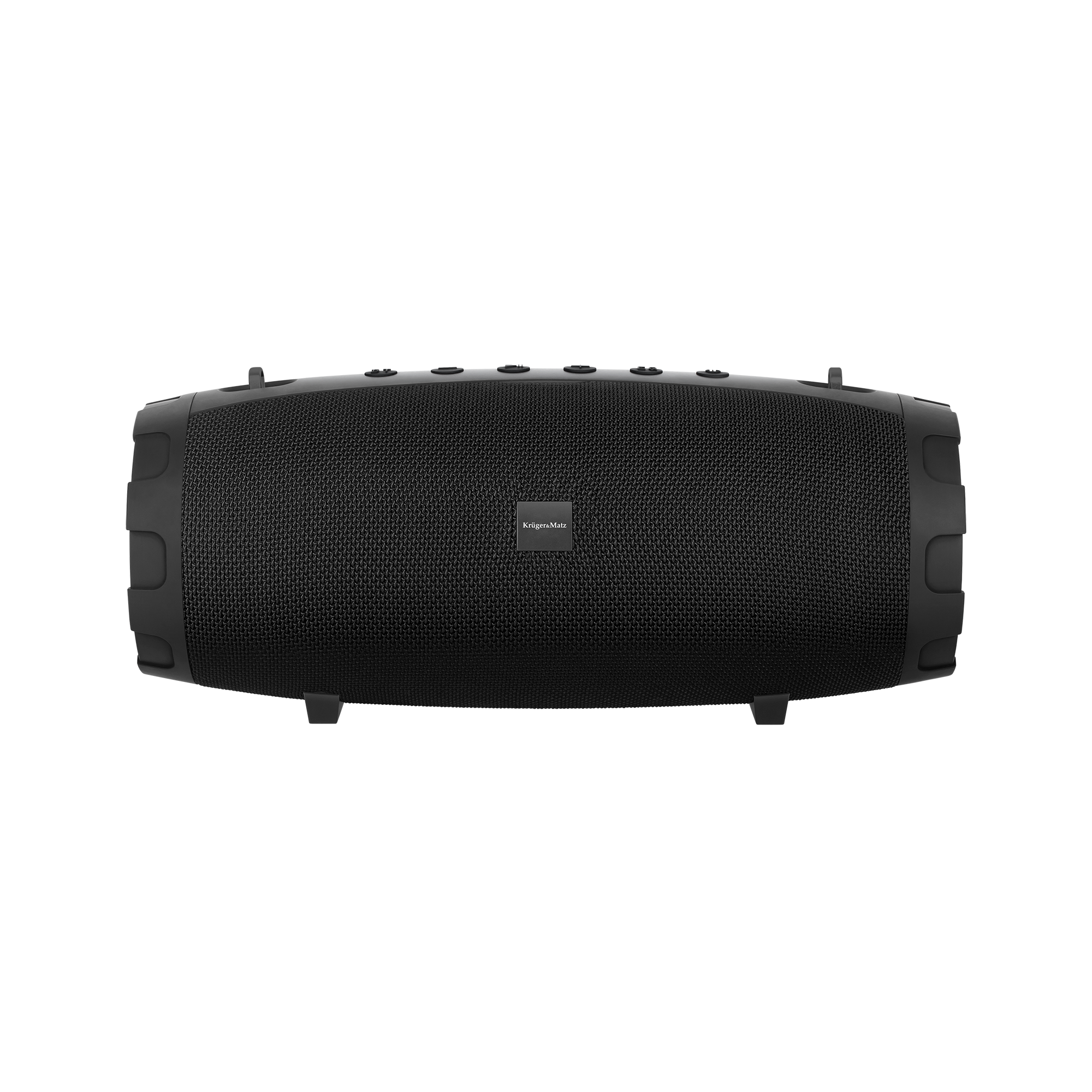 Czarny głośnik przenośny, prostokątny kształt, z przyciskami na górze i logo marki pośrodku.
