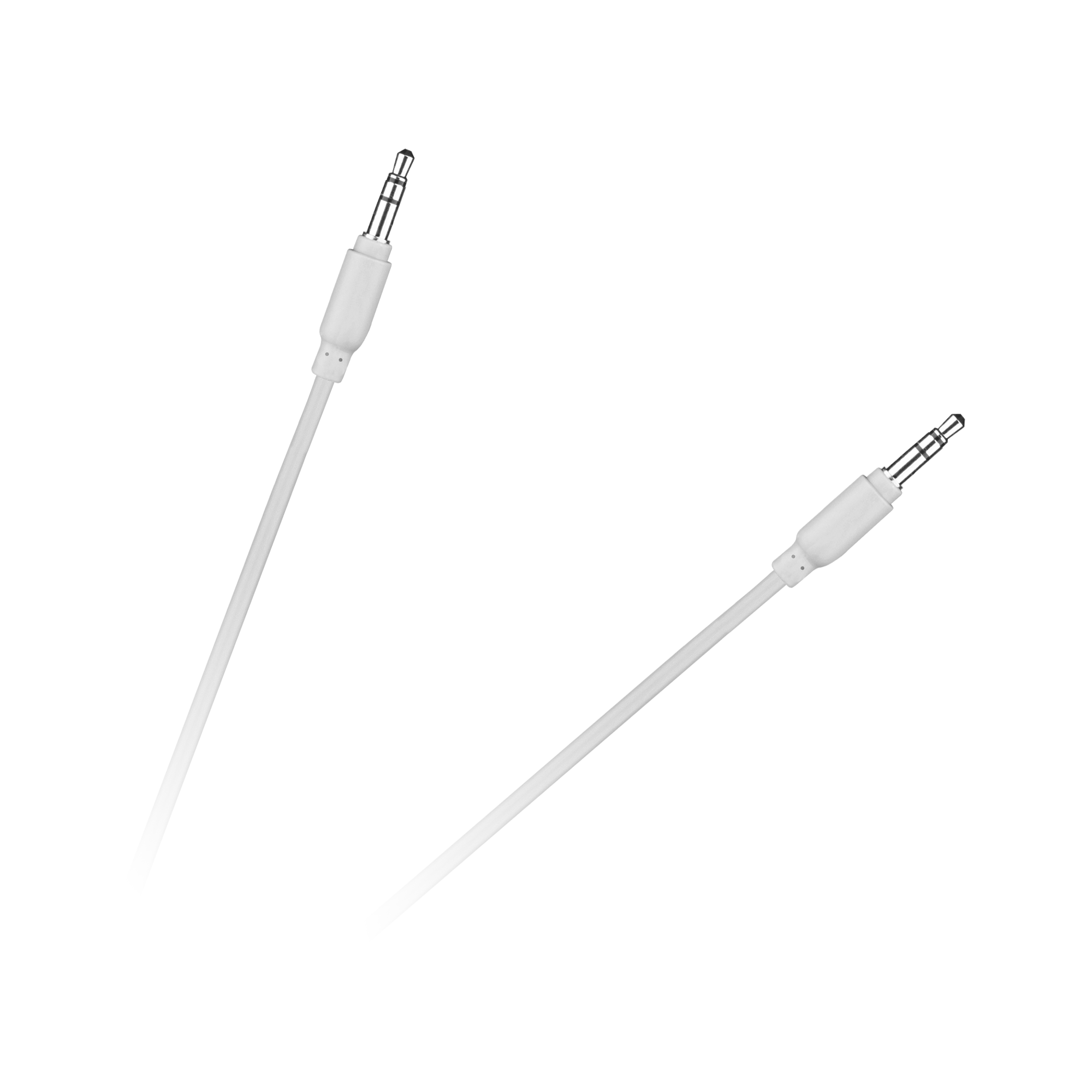 Dwa białe kable audio jack ukośnie na szarym tle. Każdy kabel ma srebrną końcówkę.