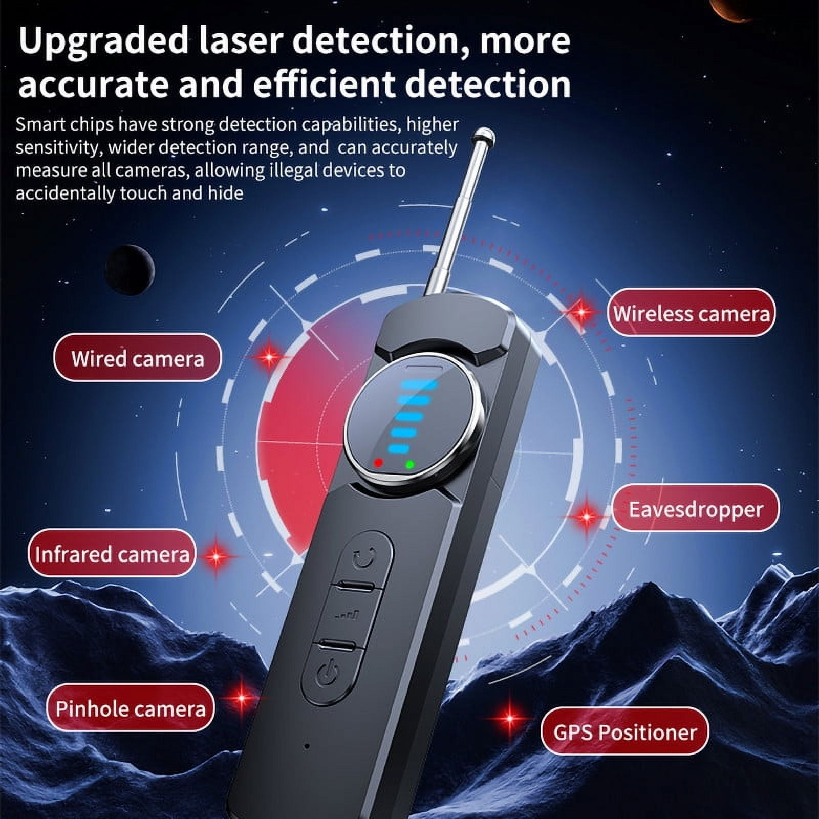 Ein schwarzes Gerät mit Bildschirm und Antenne detektiert Kameras. Beschriftungen zeigen 'Wired', 'Wireless', 'Infrared', 'Pinhole' Kameras und 'Eavesdropper'.